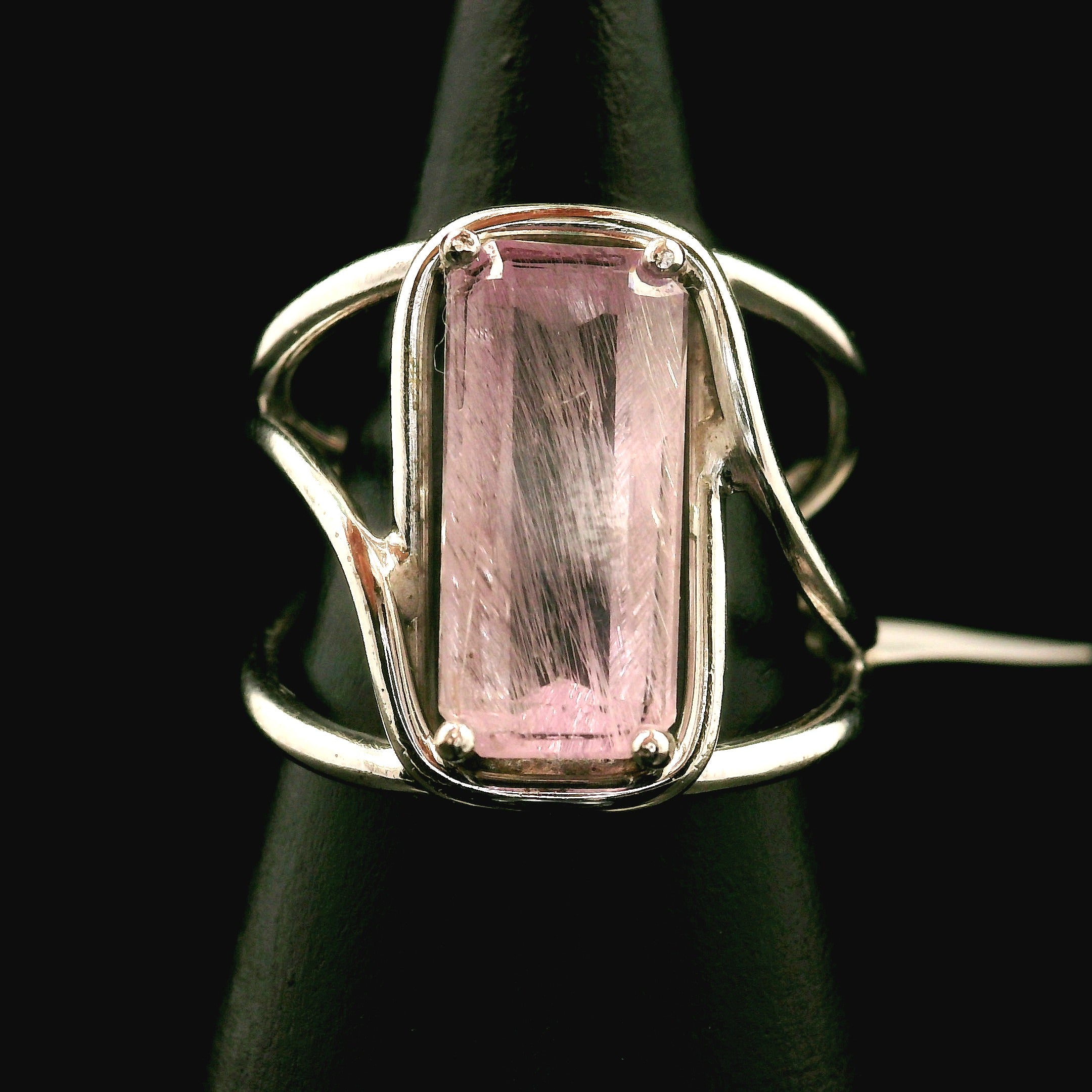 Kunzite with Silver Rutile Cuff Ring .925 Silver (High Quality) for Emotional Healing, Joy and Love