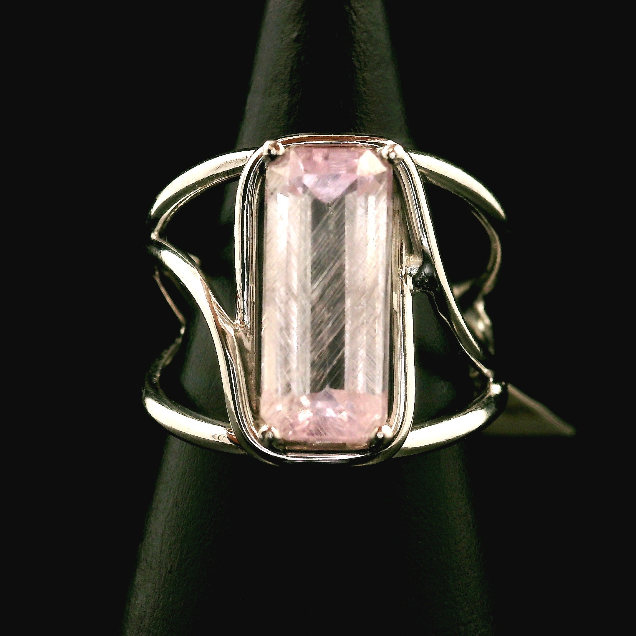 Kunzite with Silver Rutile Cuff Ring .925 Silver (High Quality) for Emotional Healing, Joy and Love