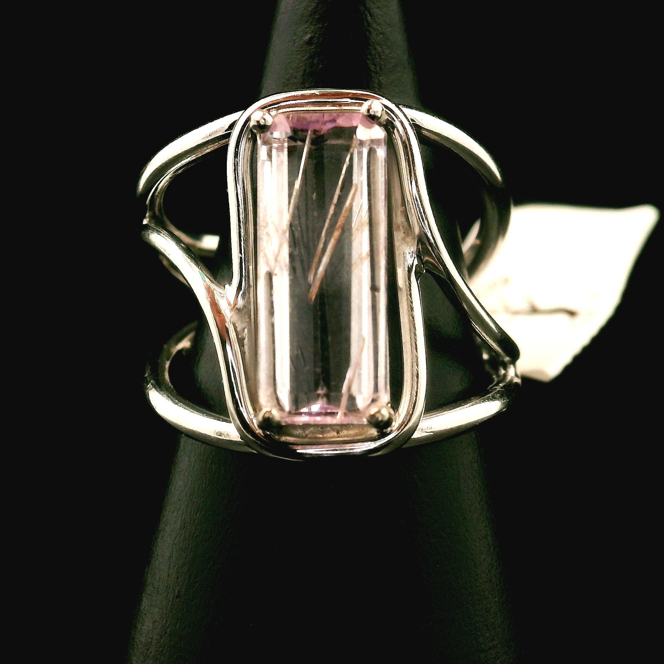 Kunzite with Silver Rutile Cuff Ring .925 Silver (High Quality) for Emotional Healing, Joy and Love
