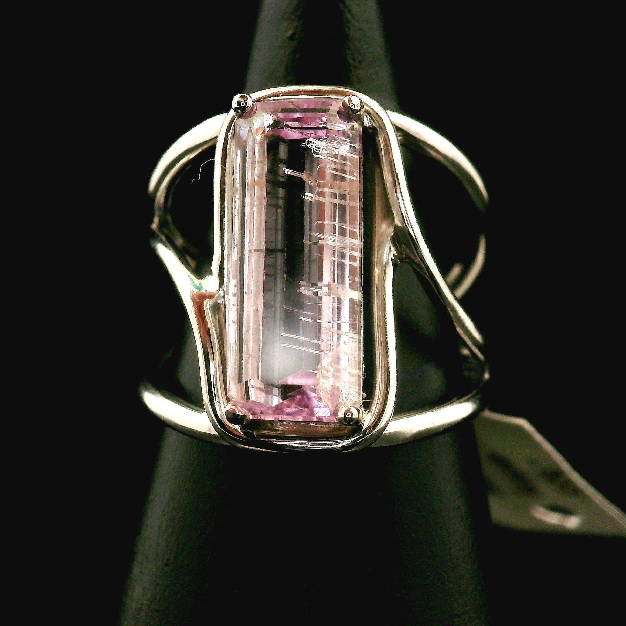 Kunzite with Silver Rutile Cuff Ring .925 Silver (High Quality) for Emotional Healing, Joy and Love