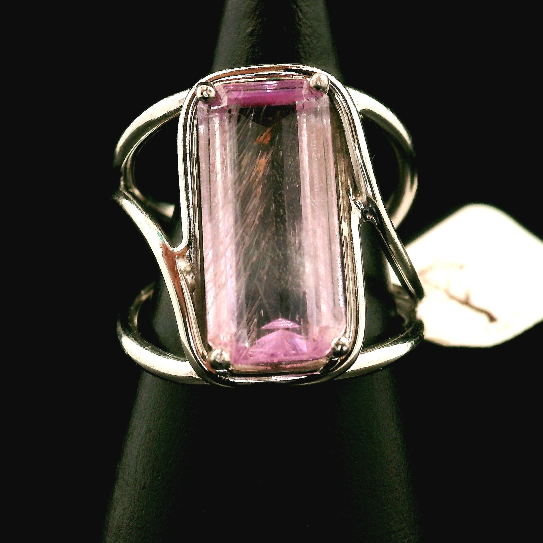 Kunzite with Silver Rutile Cuff Ring .925 Silver (High Quality) for Emotional Healing, Joy and Love