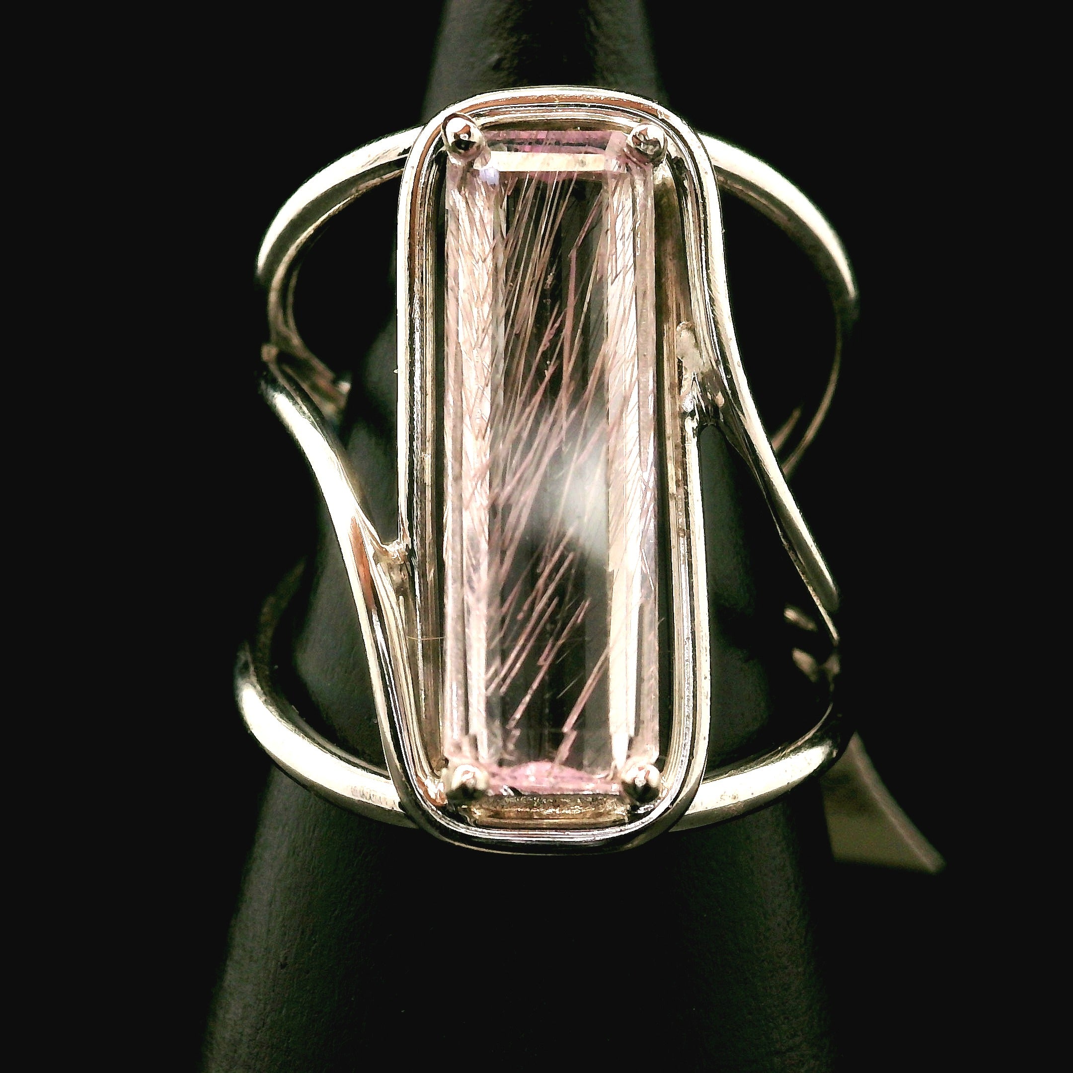 Kunzite with Silver Rutile Cuff Ring .925 Silver (High Quality) for Emotional Healing, Joy and Love