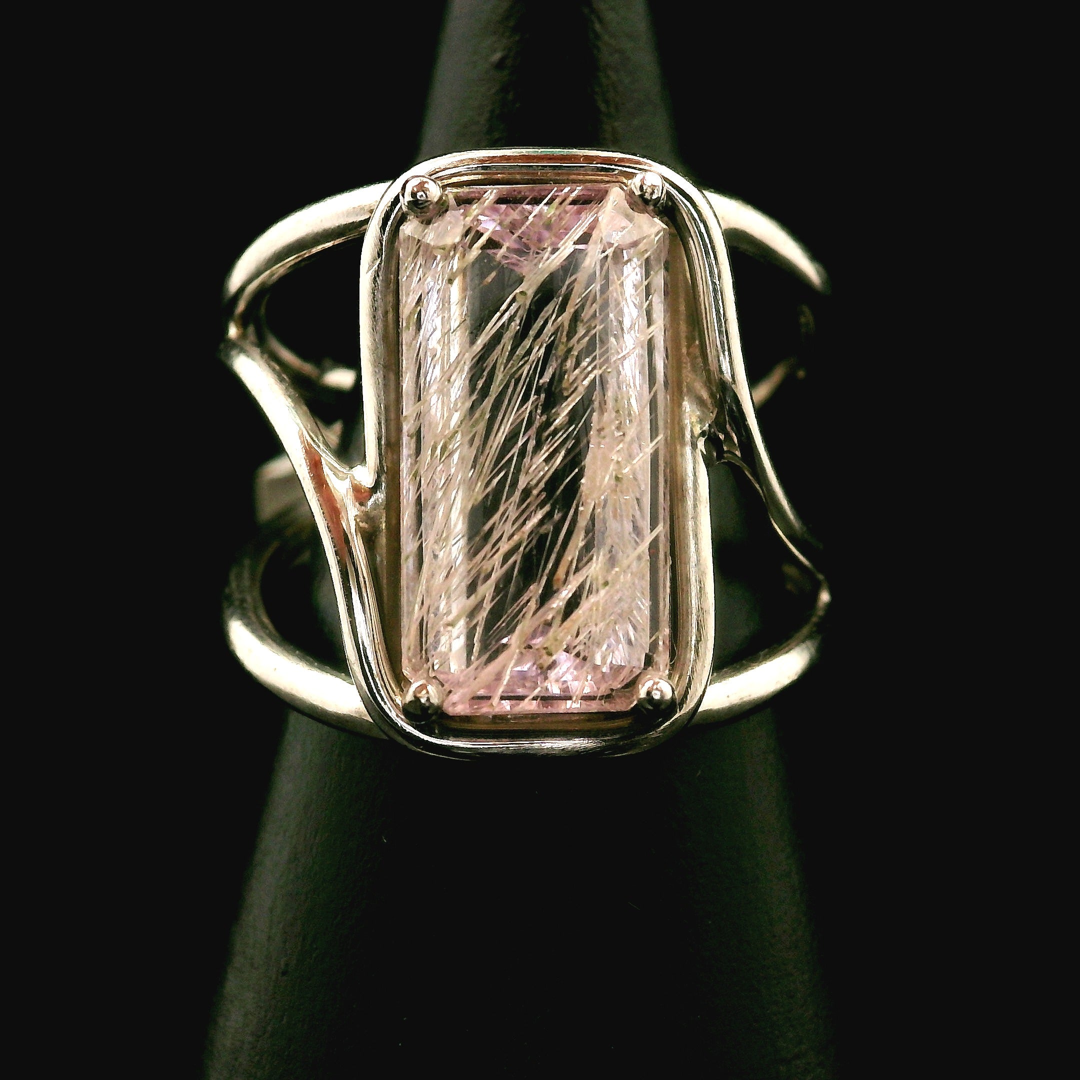 Kunzite with Silver Rutile Cuff Ring .925 Silver (High Quality) for Emotional Healing, Joy and Love