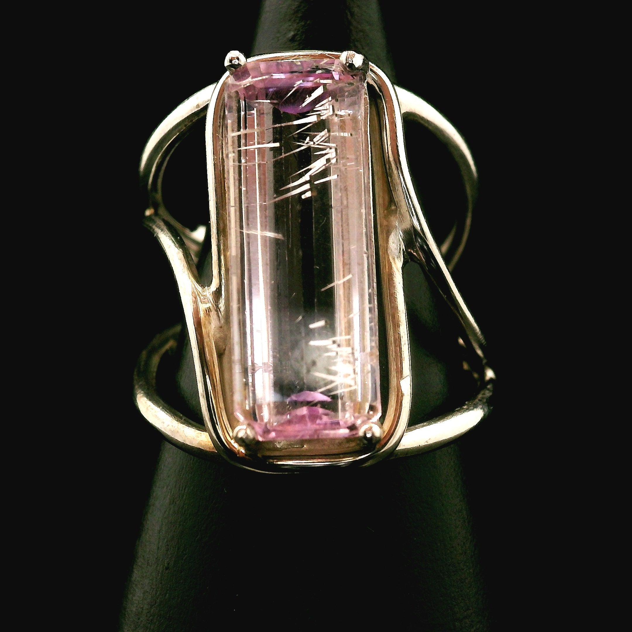 Kunzite with Silver Rutile Cuff Ring .925 Silver (High Quality) for Emotional Healing, Joy and Love