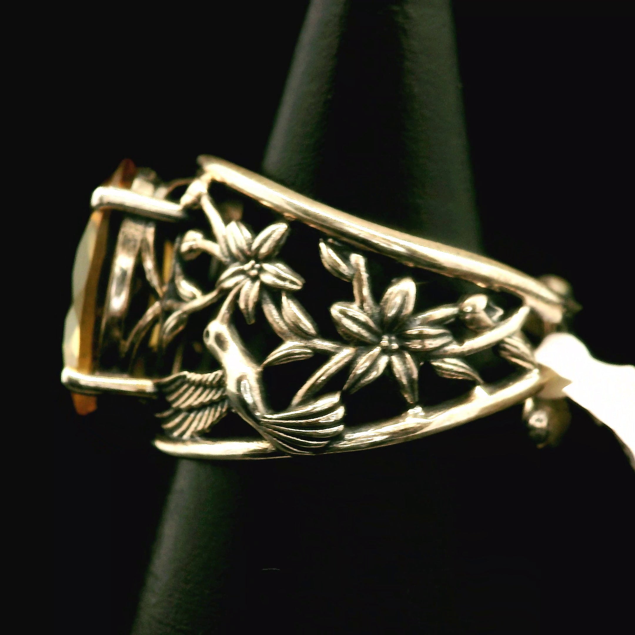 Citrine Hummingbird Cuff Ring .925 Silver for Abundance, Good Luck and Positivity