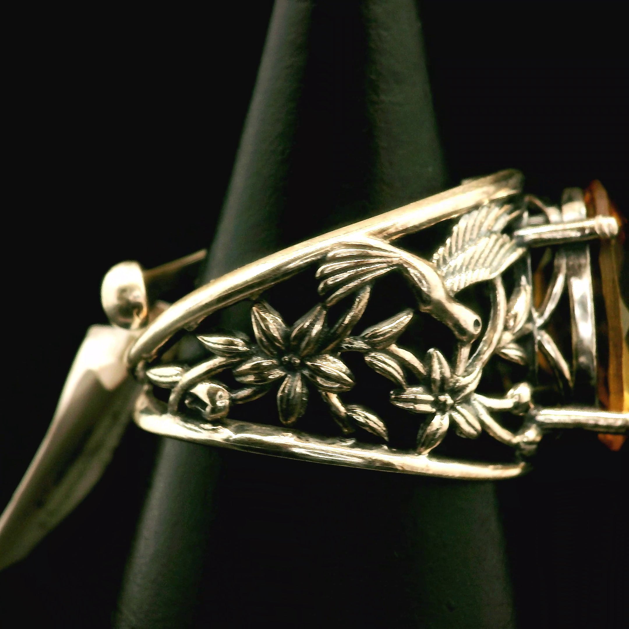 Citrine Hummingbird Cuff Ring .925 Silver for Abundance, Good Luck and Positivity
