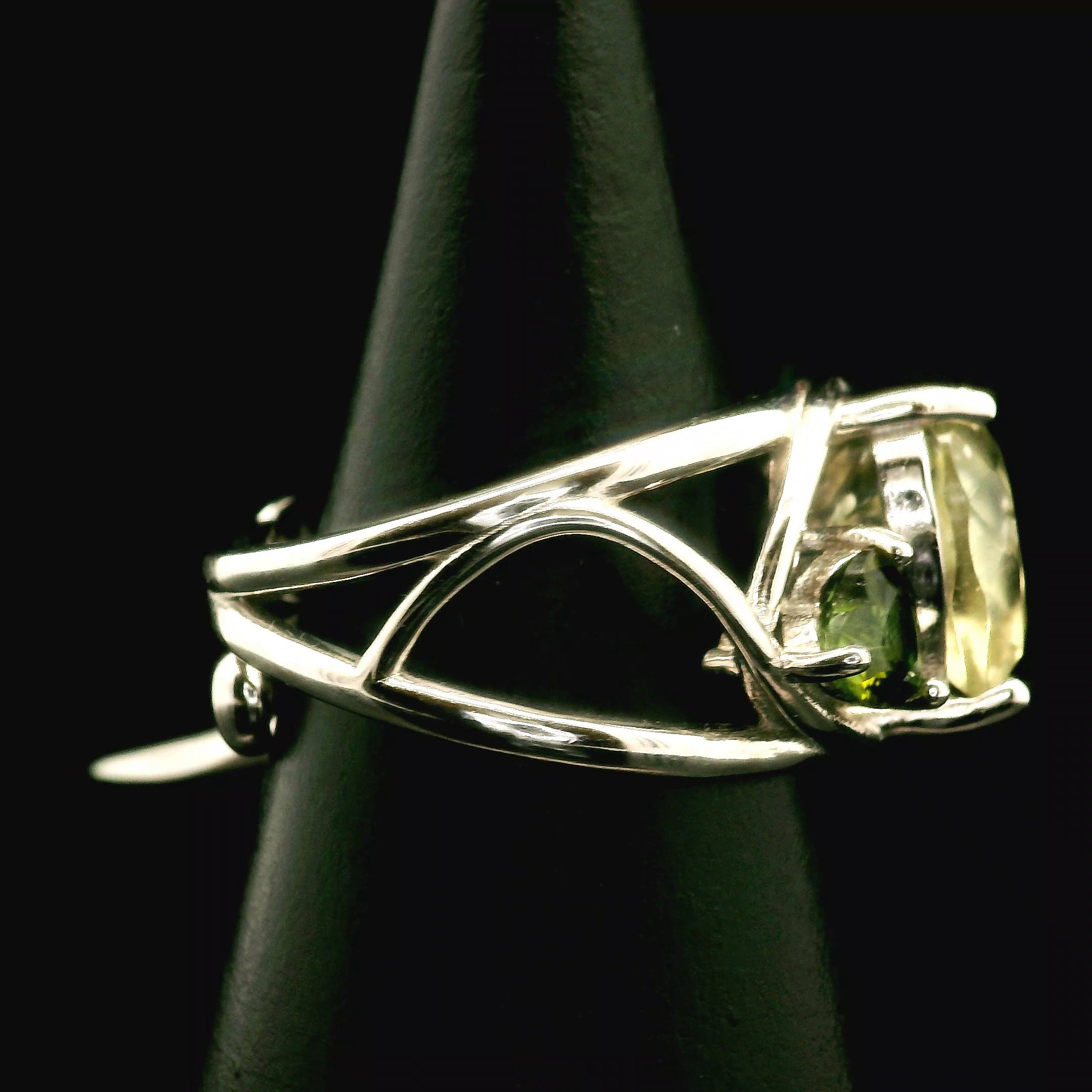 Libyan Desert Glass and Green Tourmaline Heart Cuff Ring .925 Silver for Confidence, Manifestation and Personal Power