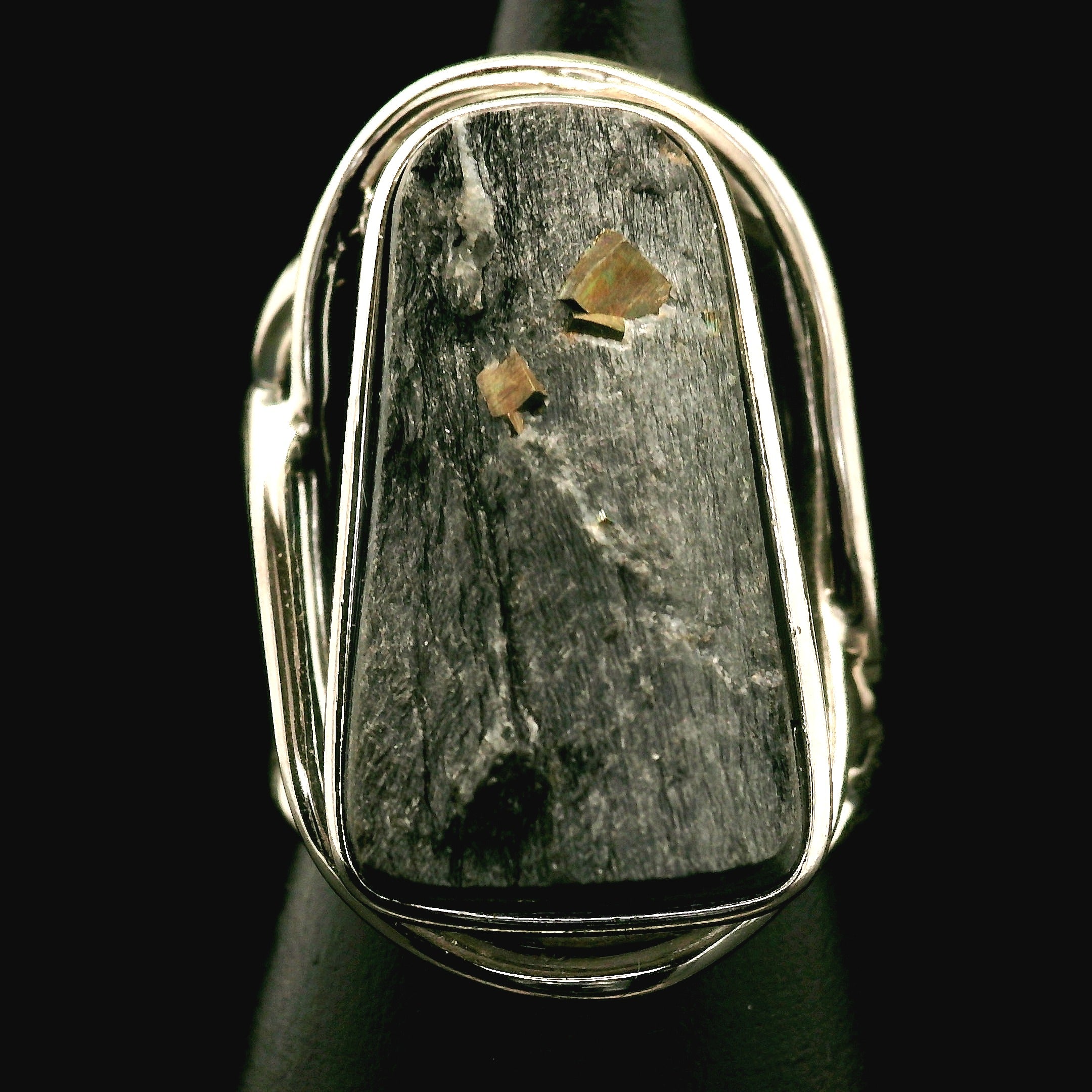 Pyrite in Schist Cuff Ring .925 Silver for Luck & Manifestation