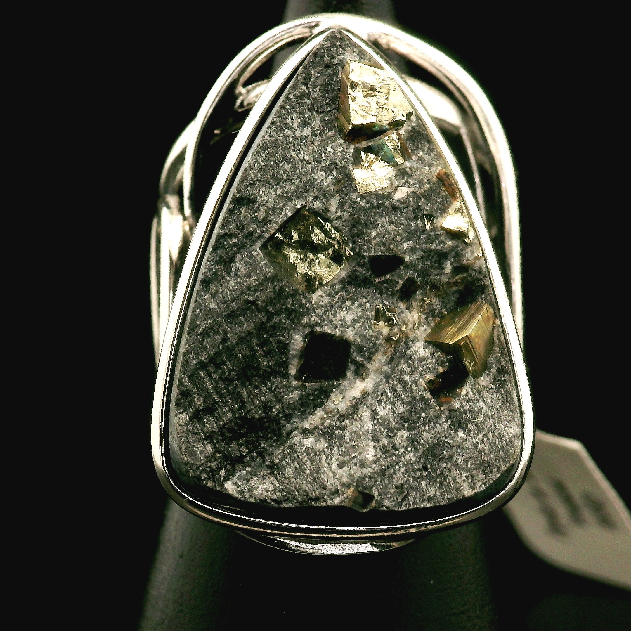 Pyrite in Schist Cuff Ring .925 Silver for Luck & Manifestation