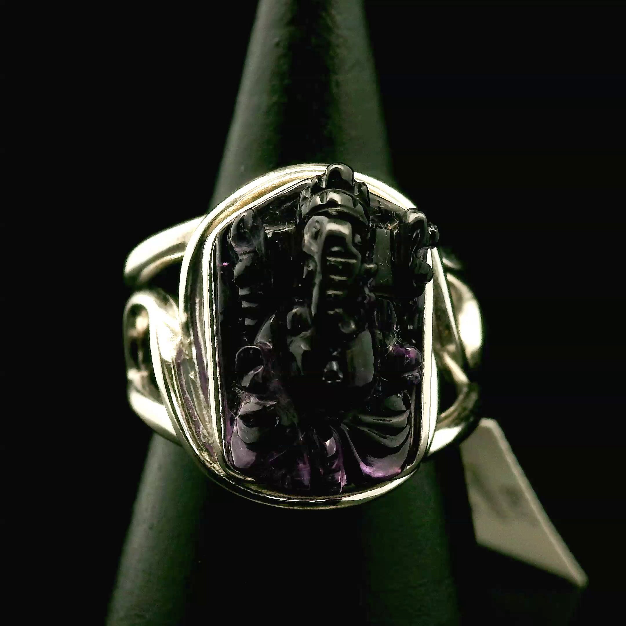 Amethyst Ganesha Cuff Ring .925 Silver for Divine Connection and Clearing Blockages