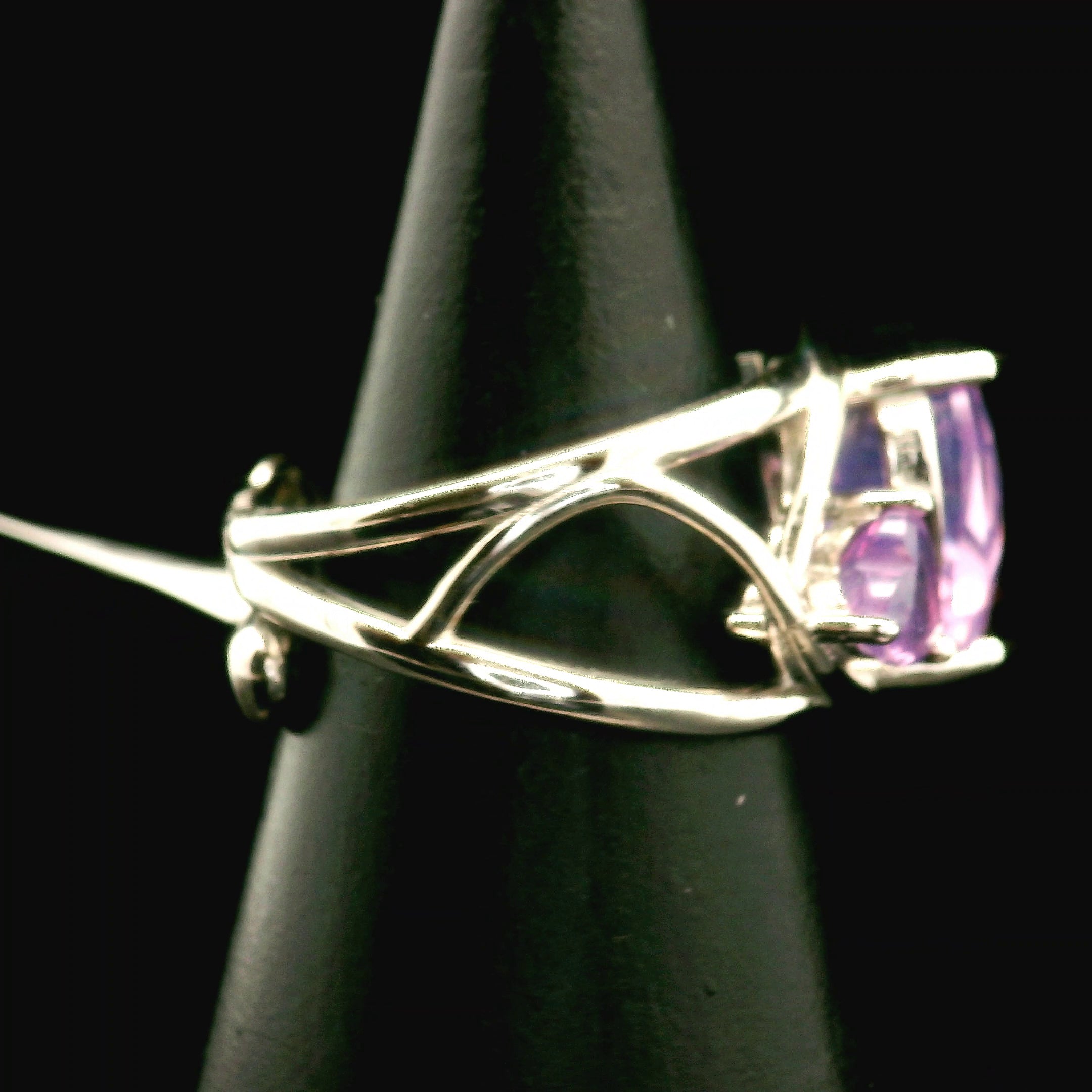 Lavender Moon Quartz Double Heart Cuff Ring .925 Silver for Angelic Wisdom