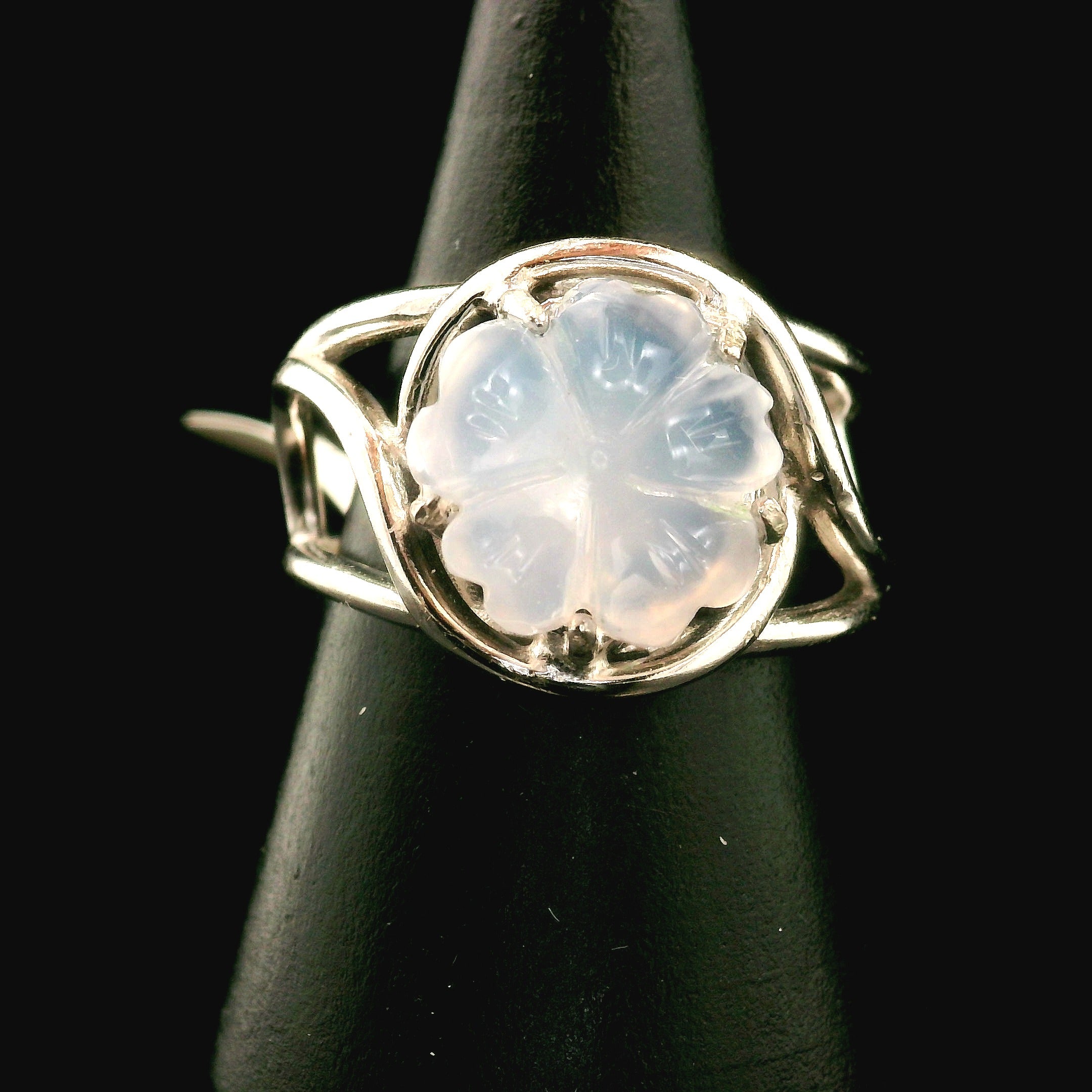 Blue Chalcedony Flower Cuff Ring .925 Silver for Soothing the Body, Mind and Spirit