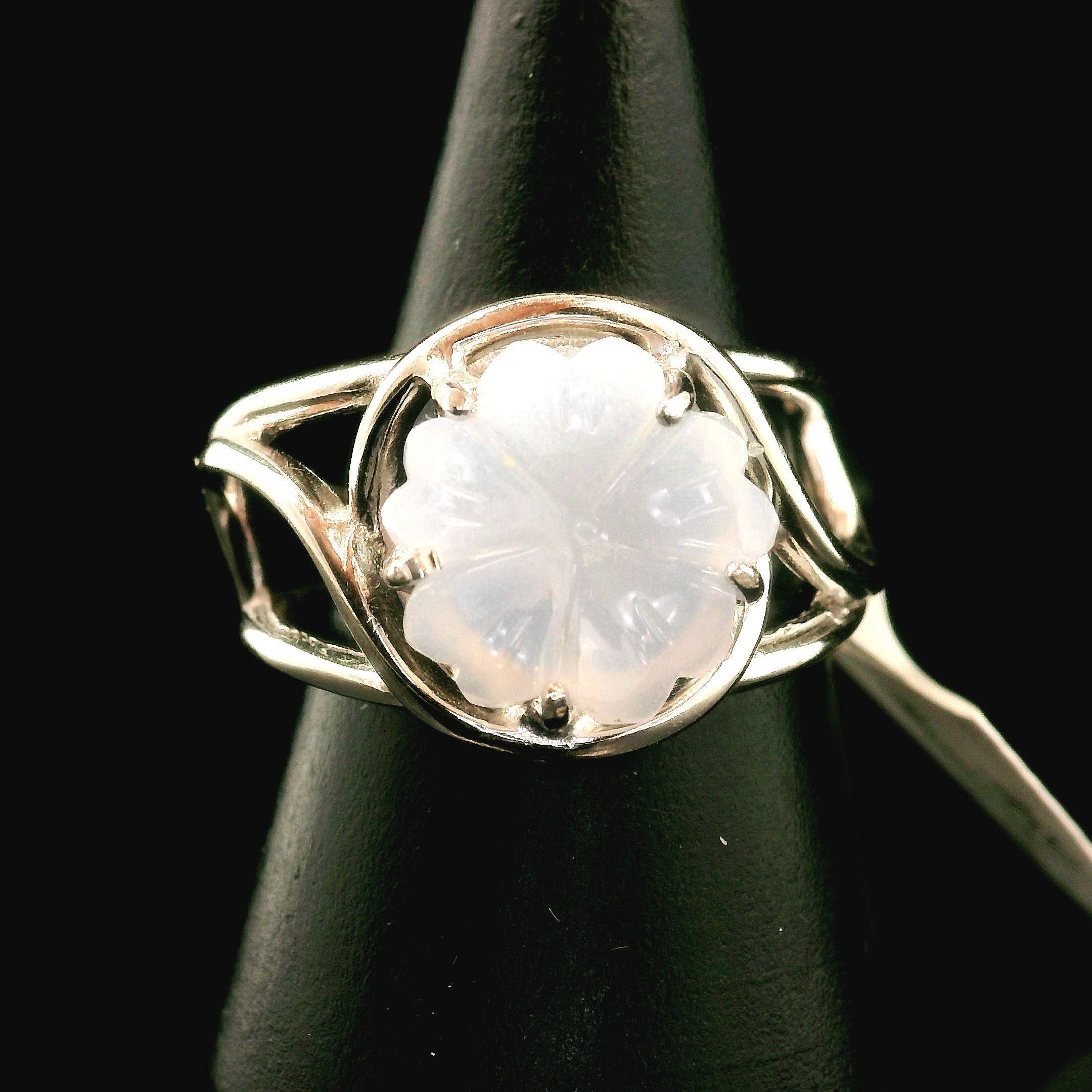 Blue Chalcedony Flower Cuff Ring .925 Silver for Soothing the Body, Mind and Spirit