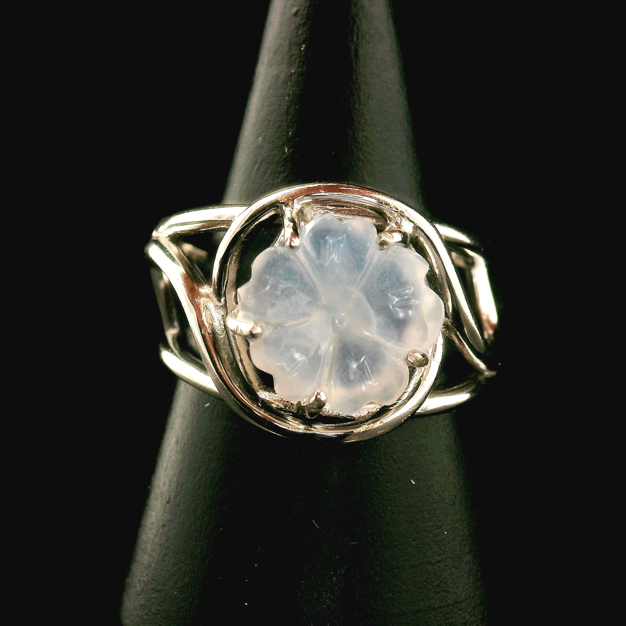 Blue Chalcedony Flower Cuff Ring .925 Silver for Soothing the Body, Mind and Spirit