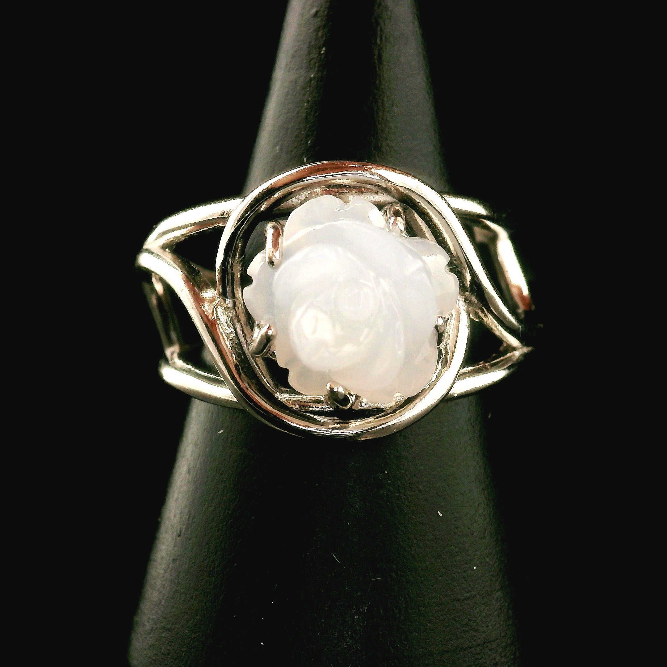 Blue Chalcedony Flower Cuff Ring .925 Silver for Soothing the Body, Mind and Spirit