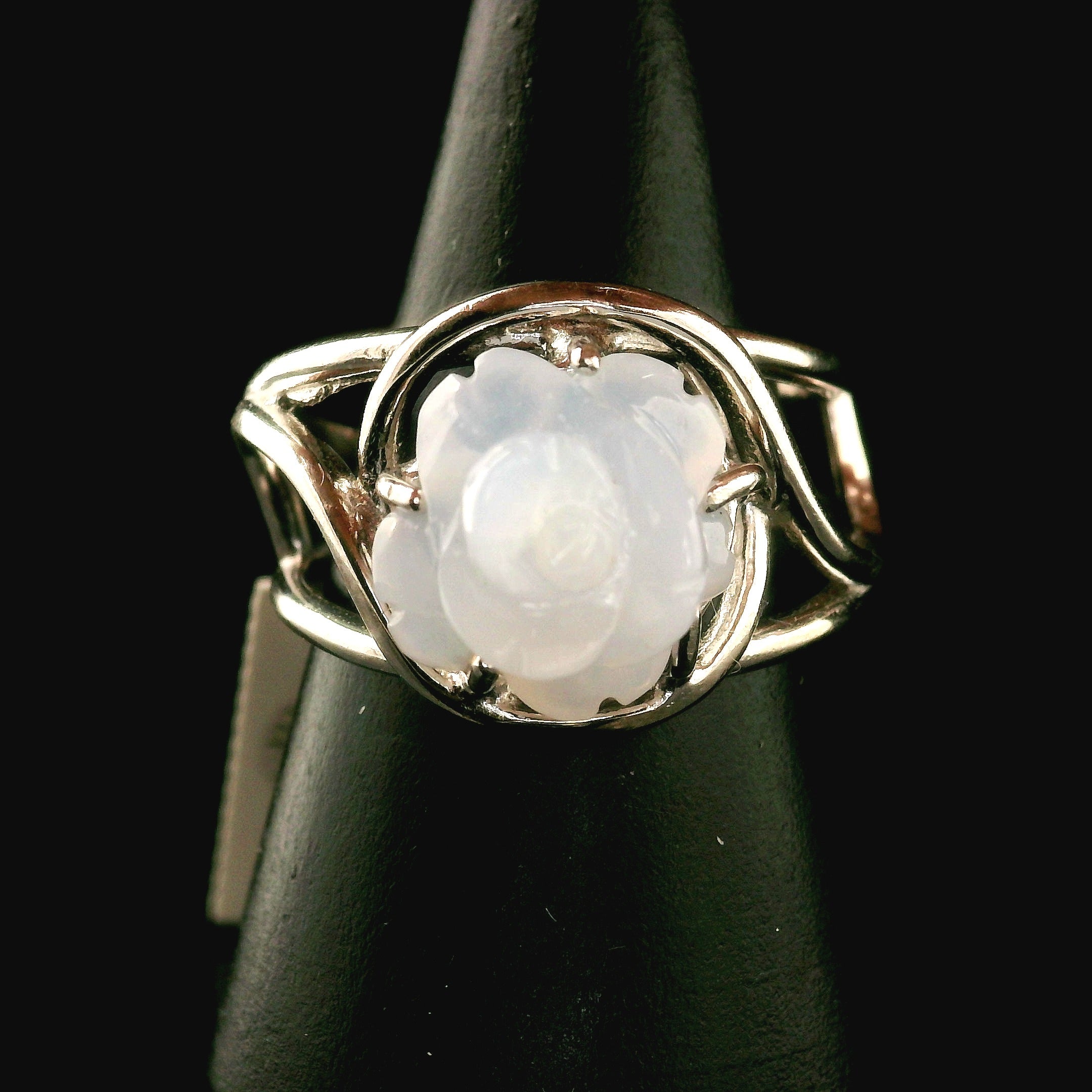 Blue Chalcedony Flower Cuff Ring .925 Silver for Soothing the Body, Mind and Spirit