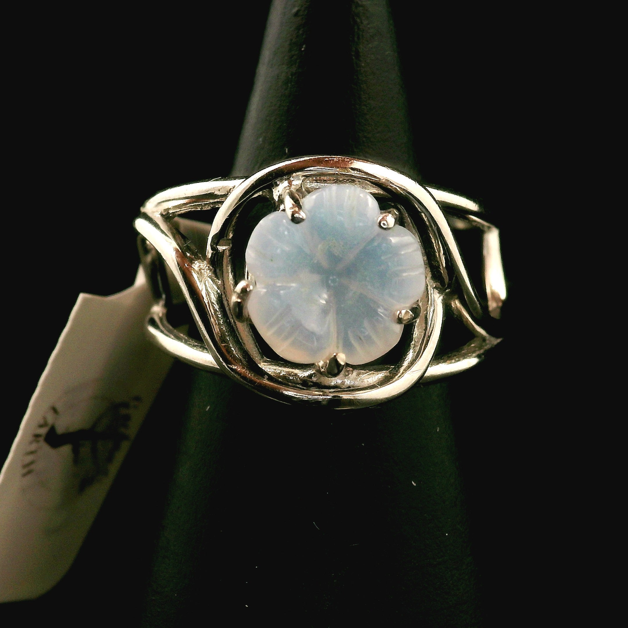 Blue Chalcedony Flower Cuff Ring .925 Silver for Soothing the Body, Mind and Spirit