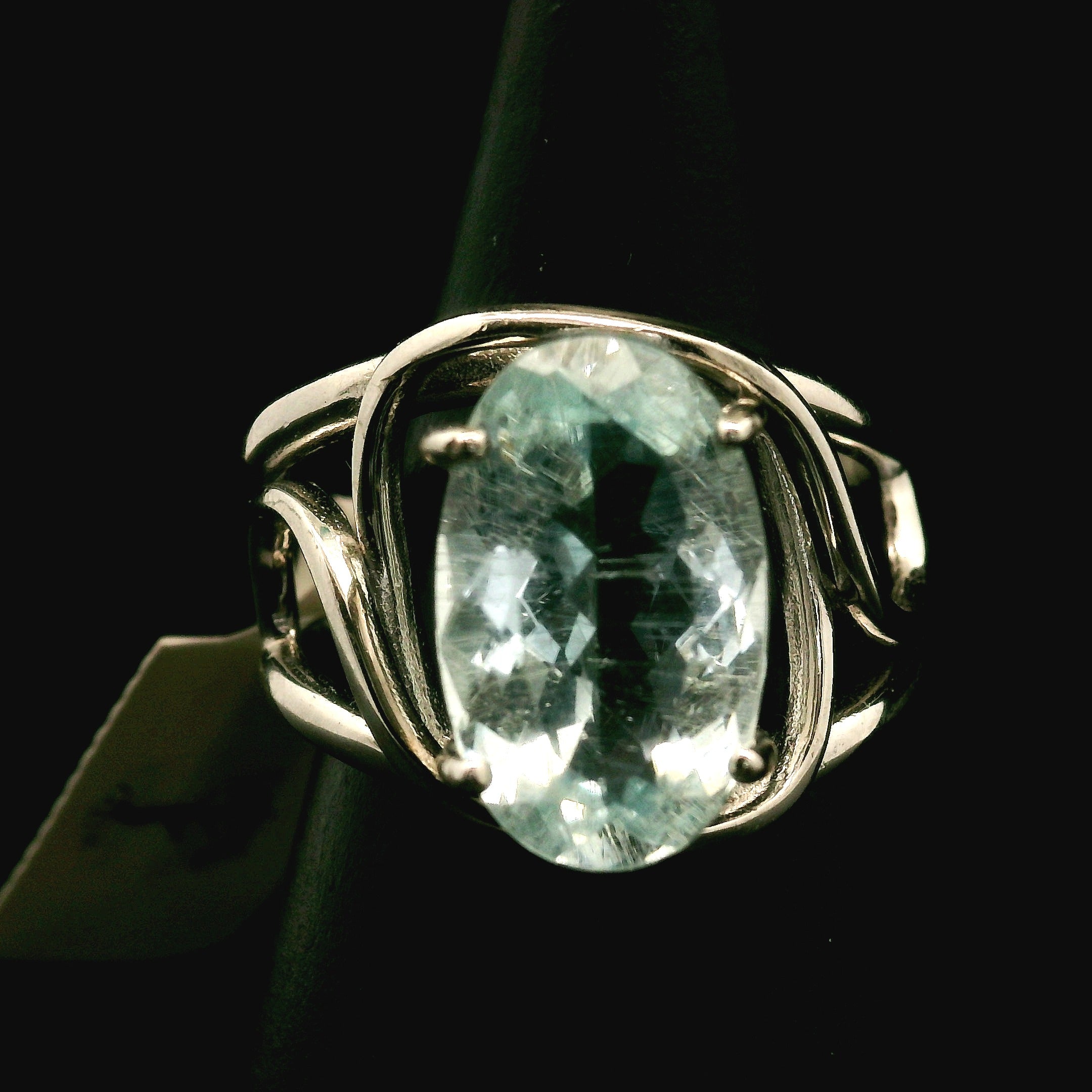 Rutilated Aquamarine Cuff Ring .925 Silver for Peaceful Travels and Protection