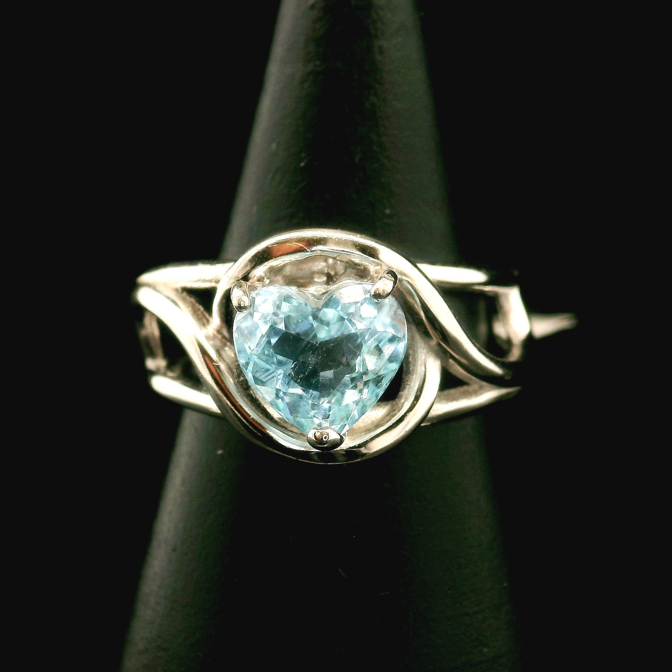 Aquamarine Heart Cuff Ring .925 Silver for Peaceful Travels and Protection