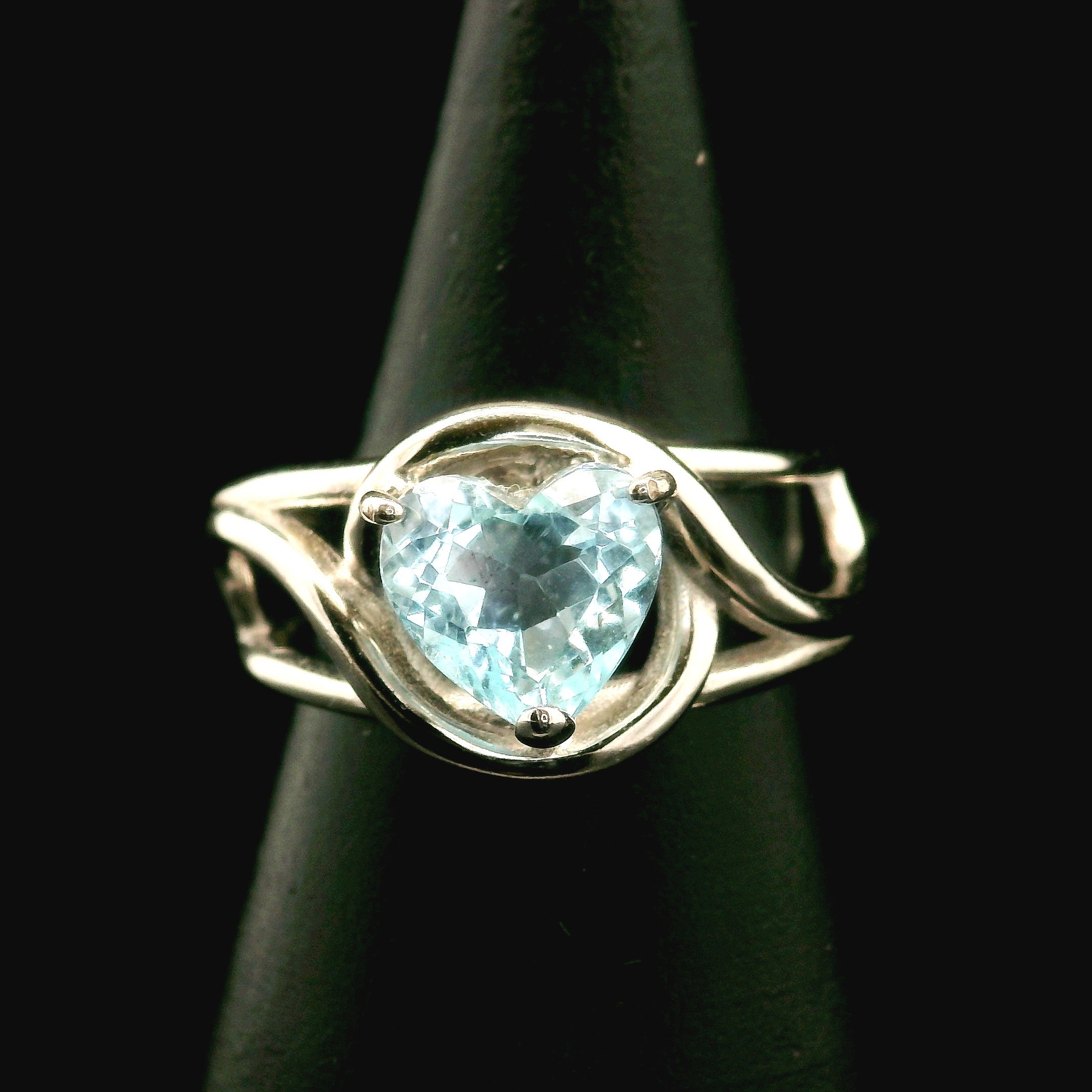 Aquamarine Heart Cuff Ring .925 Silver for Peaceful Travels and Protection