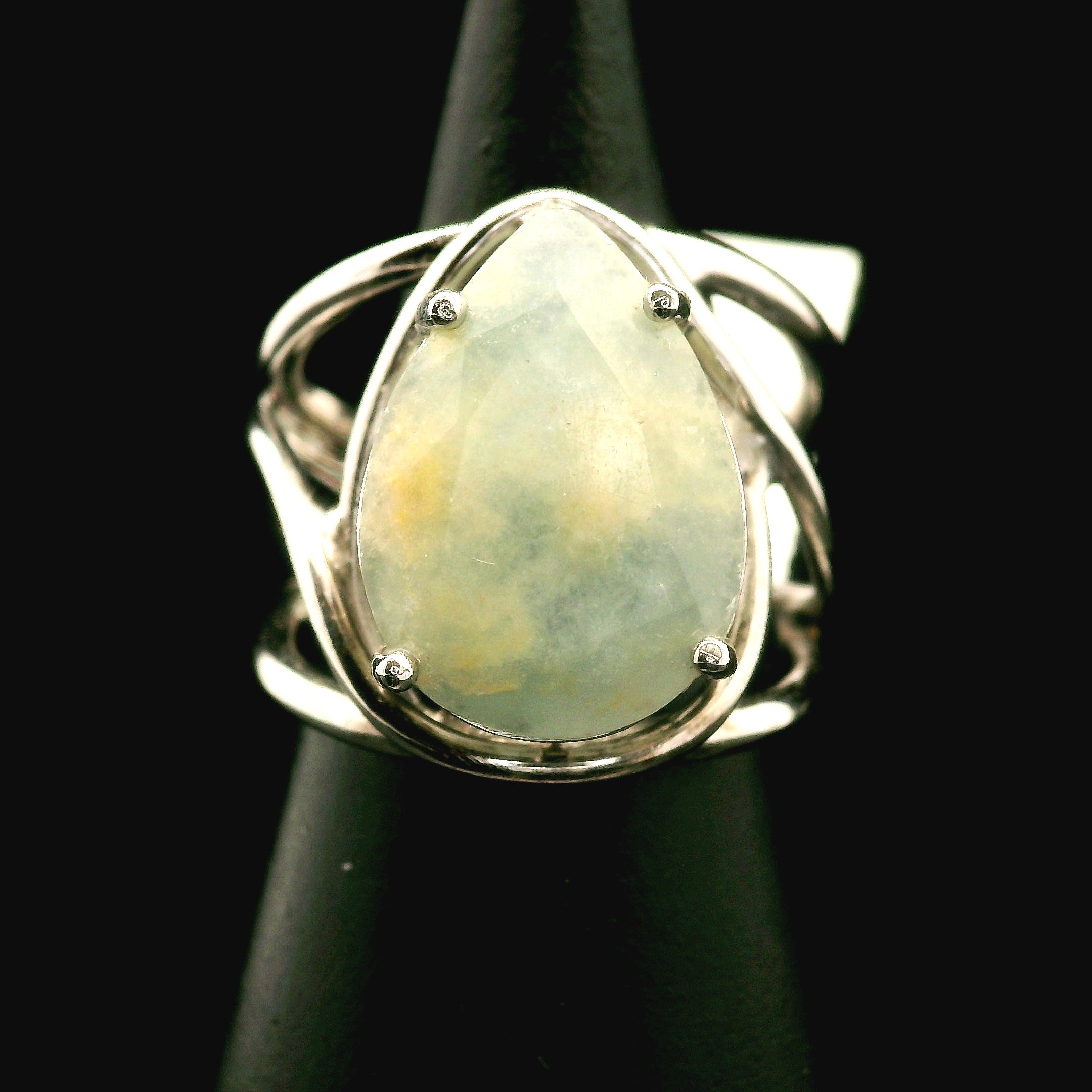 Lemurian Blue Calcite Cuff Ring 925 Silver for Happiness, Healing and Peace