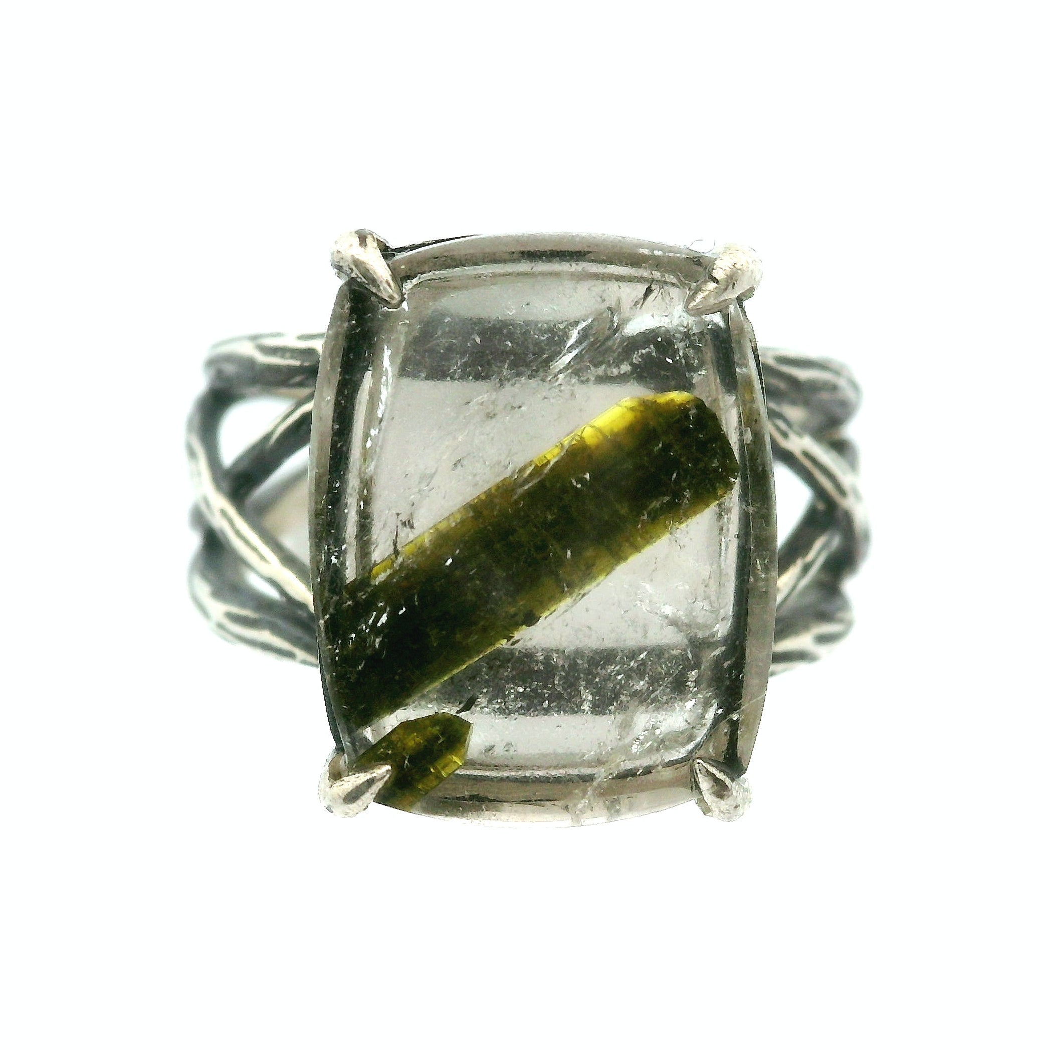 Green Tourmaline in Quartz Bad Witch Cuff Ring .925 Sterling Silver for Emotional Healing, Kindness and Joy