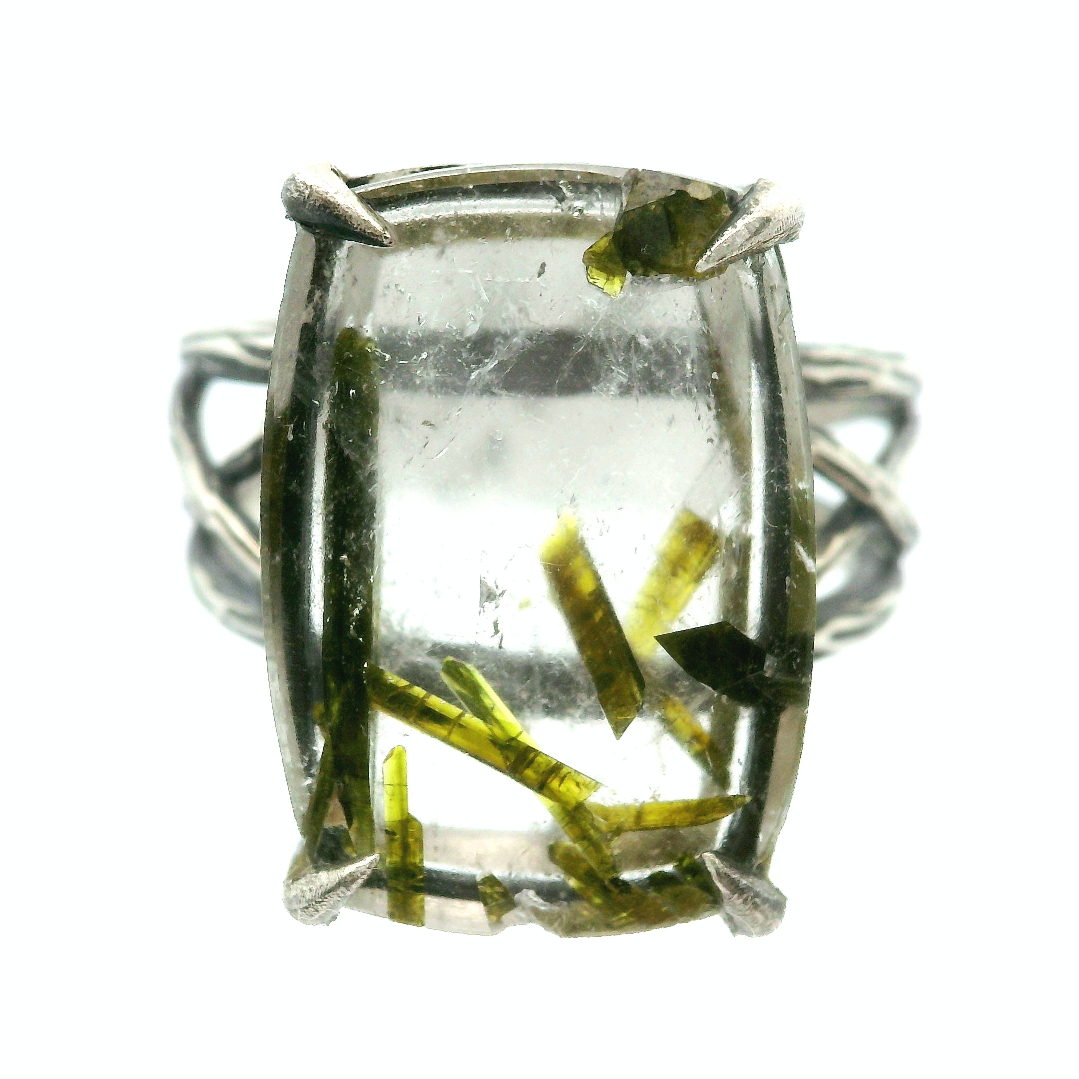 Green Tourmaline in Quartz Bad Witch Cuff Ring .925 Sterling Silver for Emotional Healing, Kindness and Joy