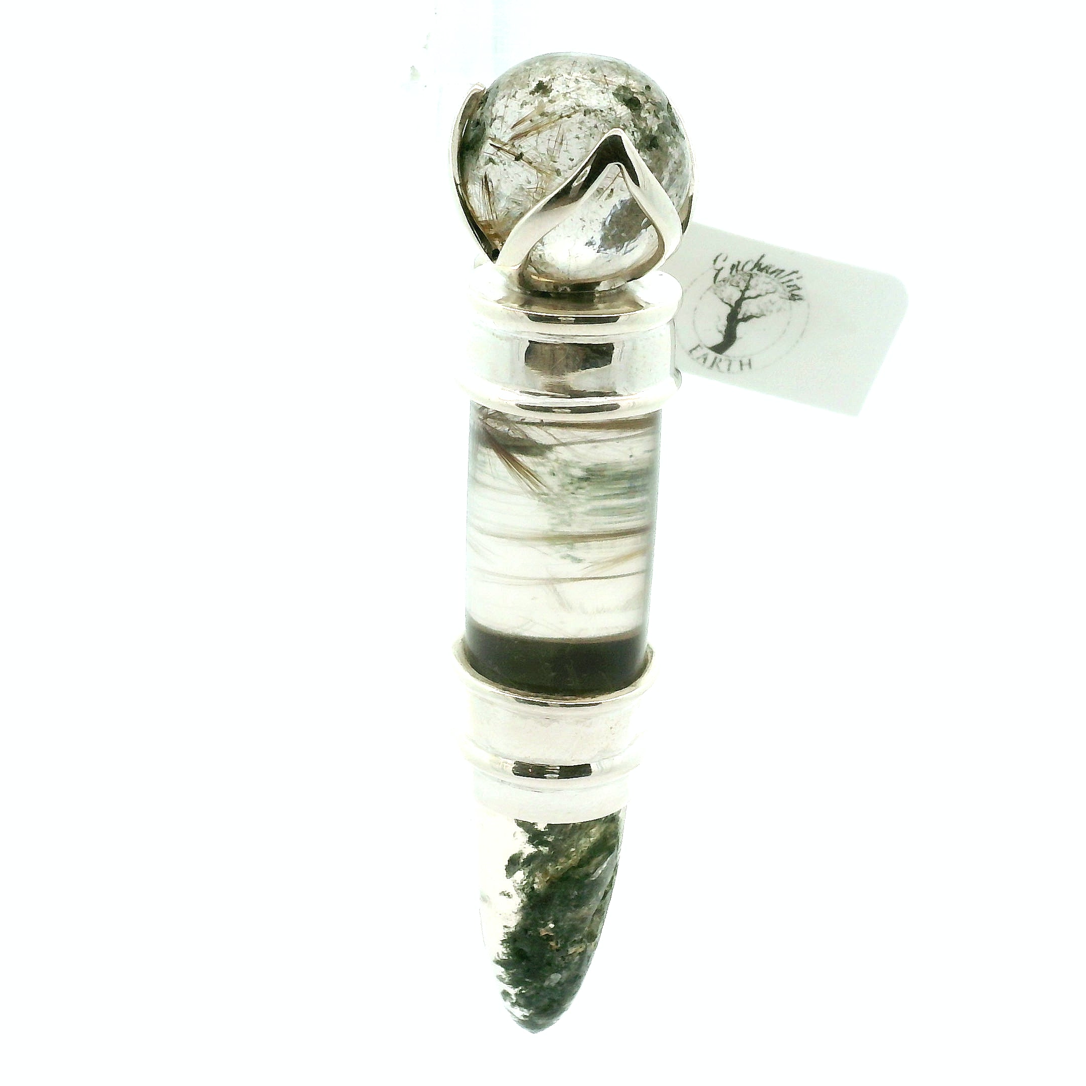 Himalayan Quartz with Chloride & Gold Rutile Wandlet .925 Silver for Amplifying Intentions and Manifestion