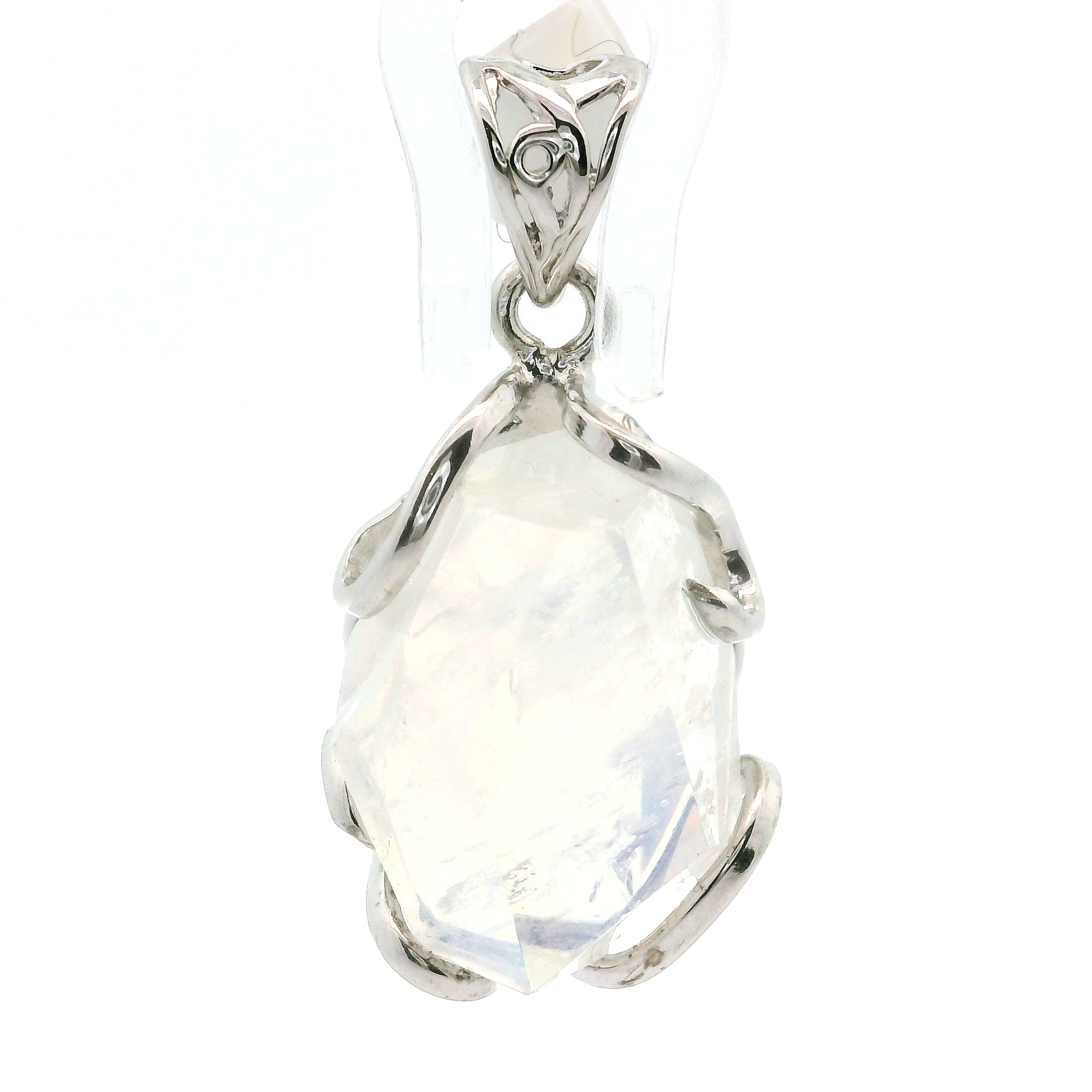 Malagasy Moonstone Faceted Freeform Pendant .925 Sterling Silver for Spiritual Transformation and Inner Peace