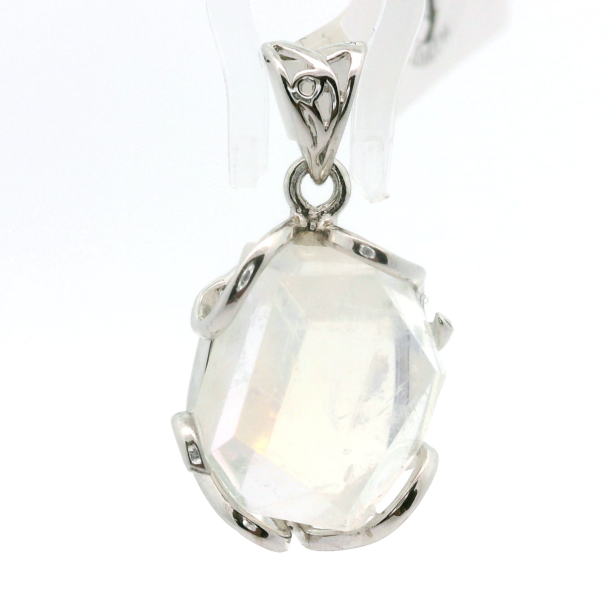 Malagasy Moonstone Faceted Freeform Pendant .925 Sterling Silver for Spiritual Transformation and Inner Peace