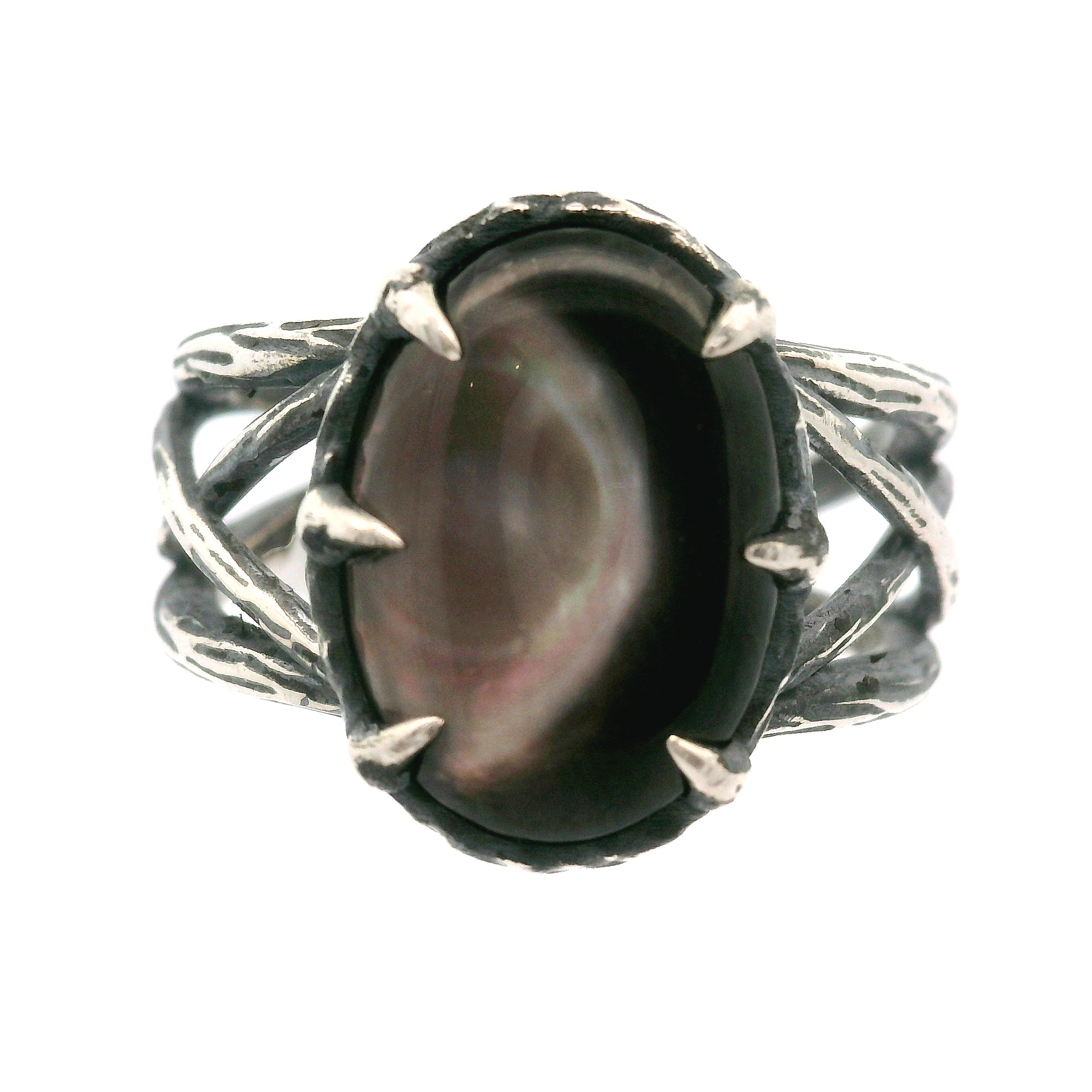 Black Mother of Pearl Bad Witch Cuff Ring .925 Silver for Peace and Enhancing Psychic Abilities
