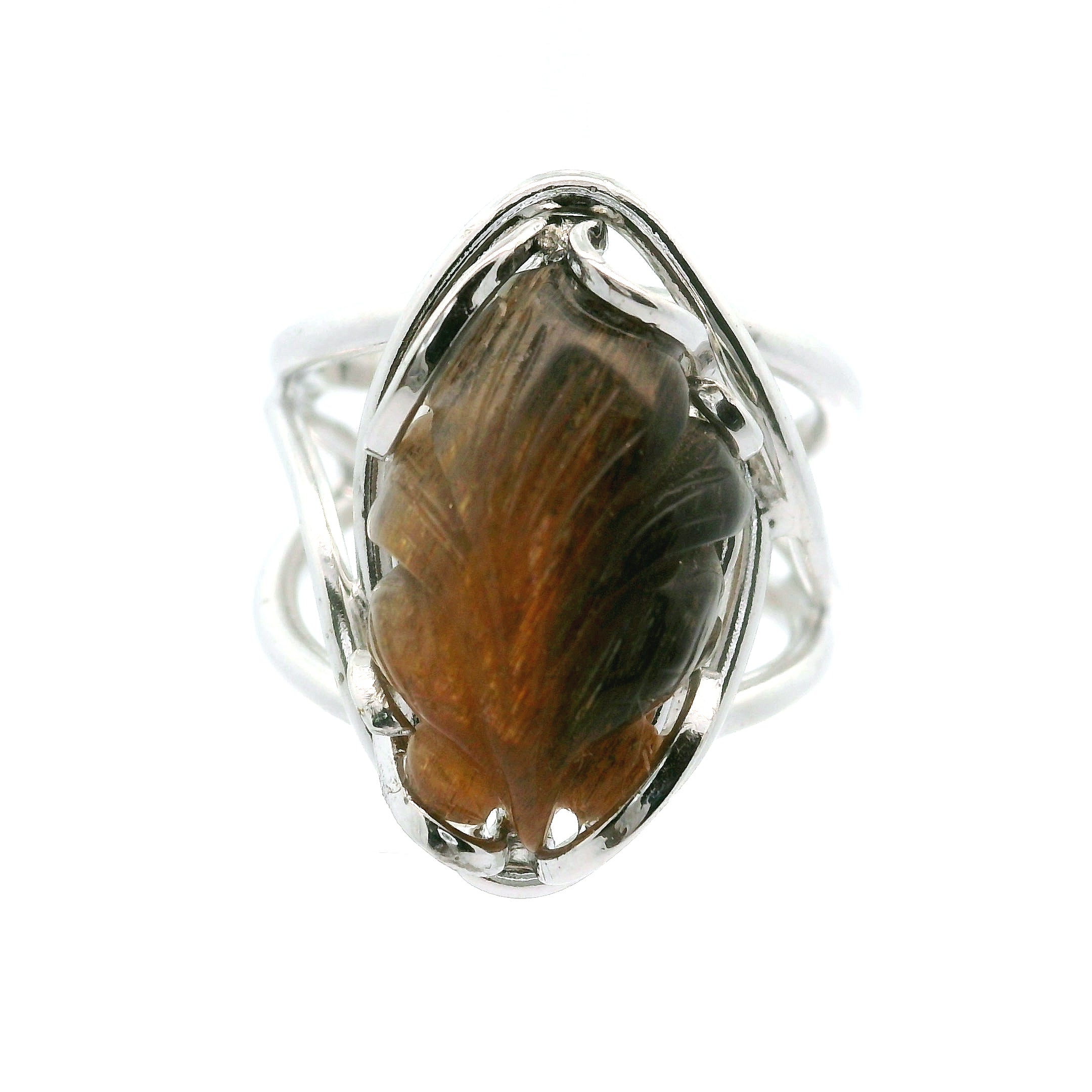 Black Moonstone with Sunstone Lucky Fish Cuff Ring .925 Silver for Confidence and Strength