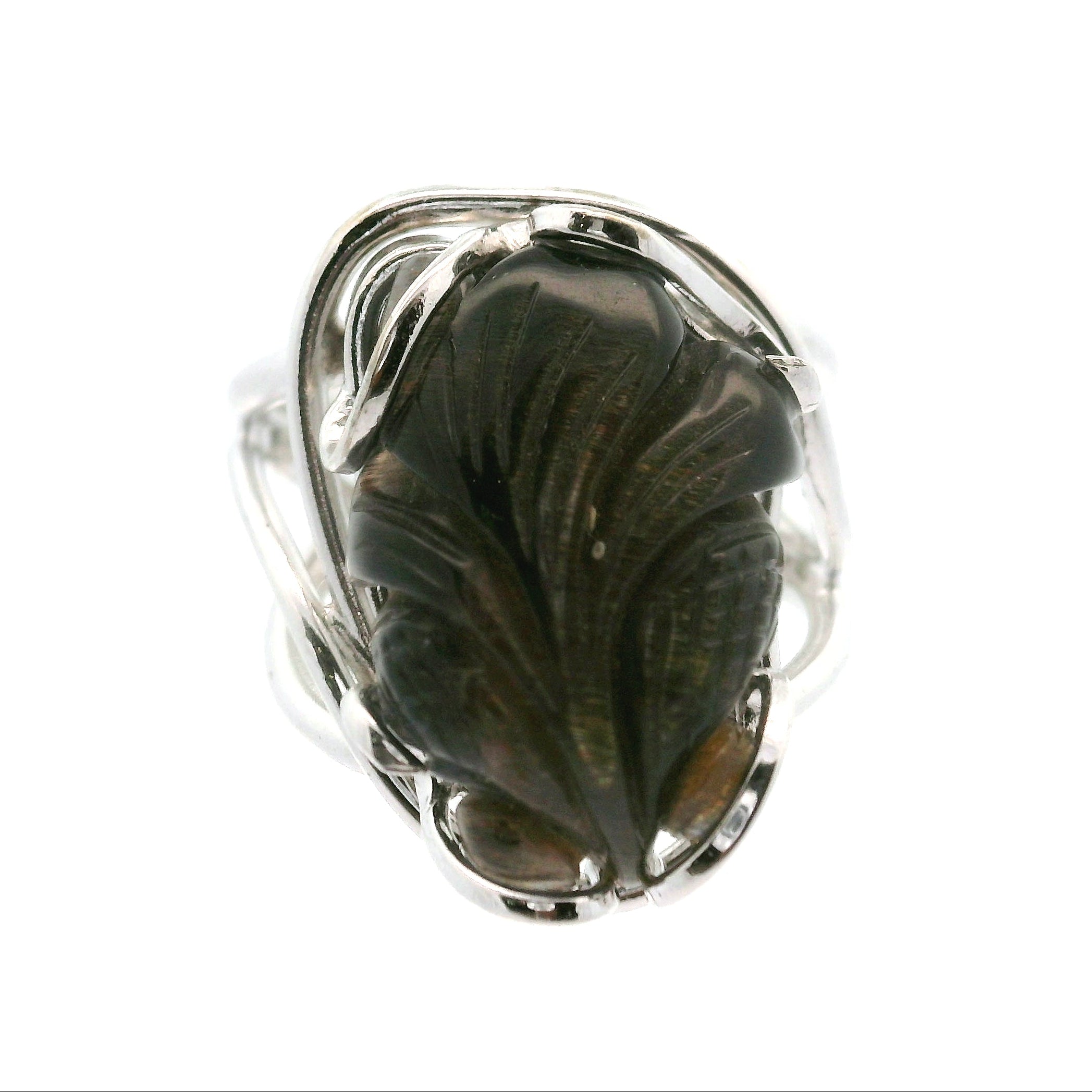 Black Moonstone with Sunstone Lucky Fish Cuff Ring .925 Silver for Confidence and Strength