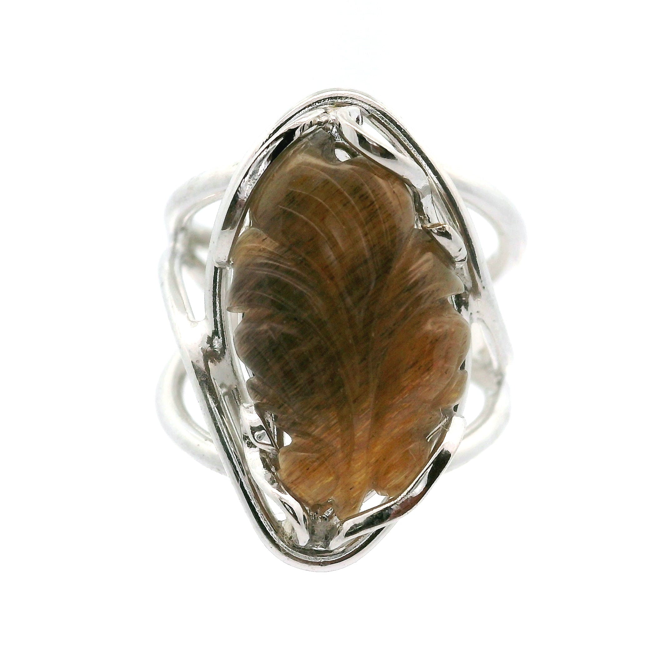 Black Moonstone with Sunstone Lucky Fish Cuff Ring .925 Silver for Confidence and Strength