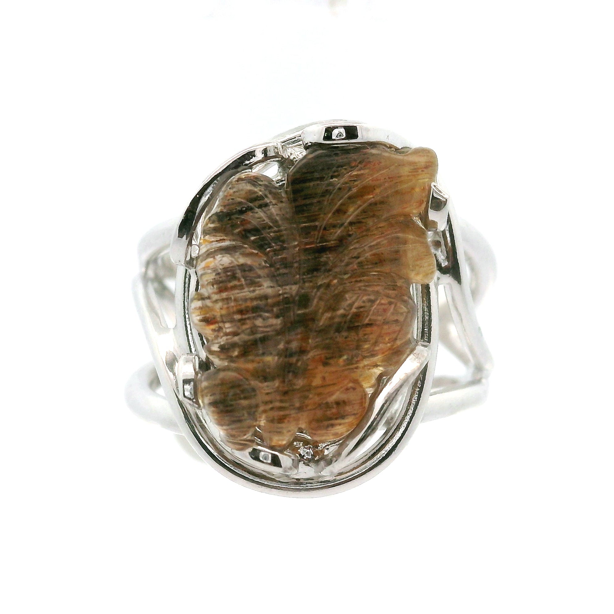 Black Moonstone with Sunstone Lucky Fish Cuff Ring .925 Silver for Confidence and Strength
