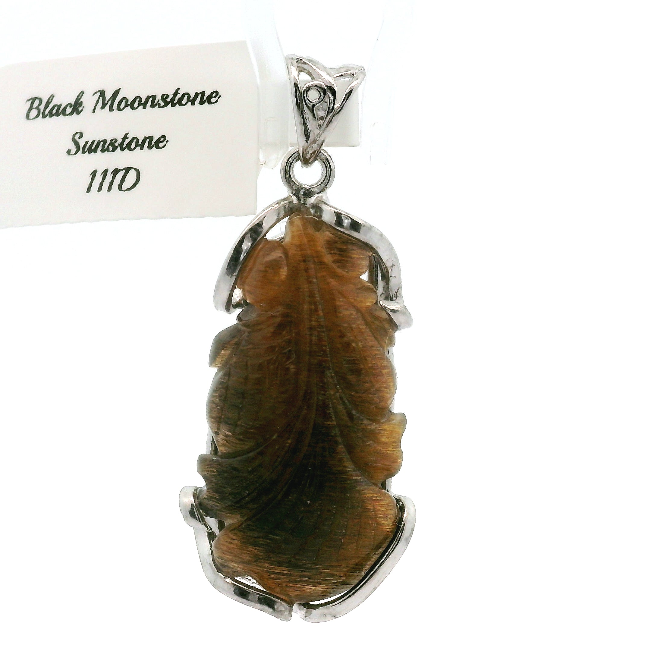 Black Moonstone with Sunstone Lucky Fish Pendant .925 Silver for Confidence and Strength