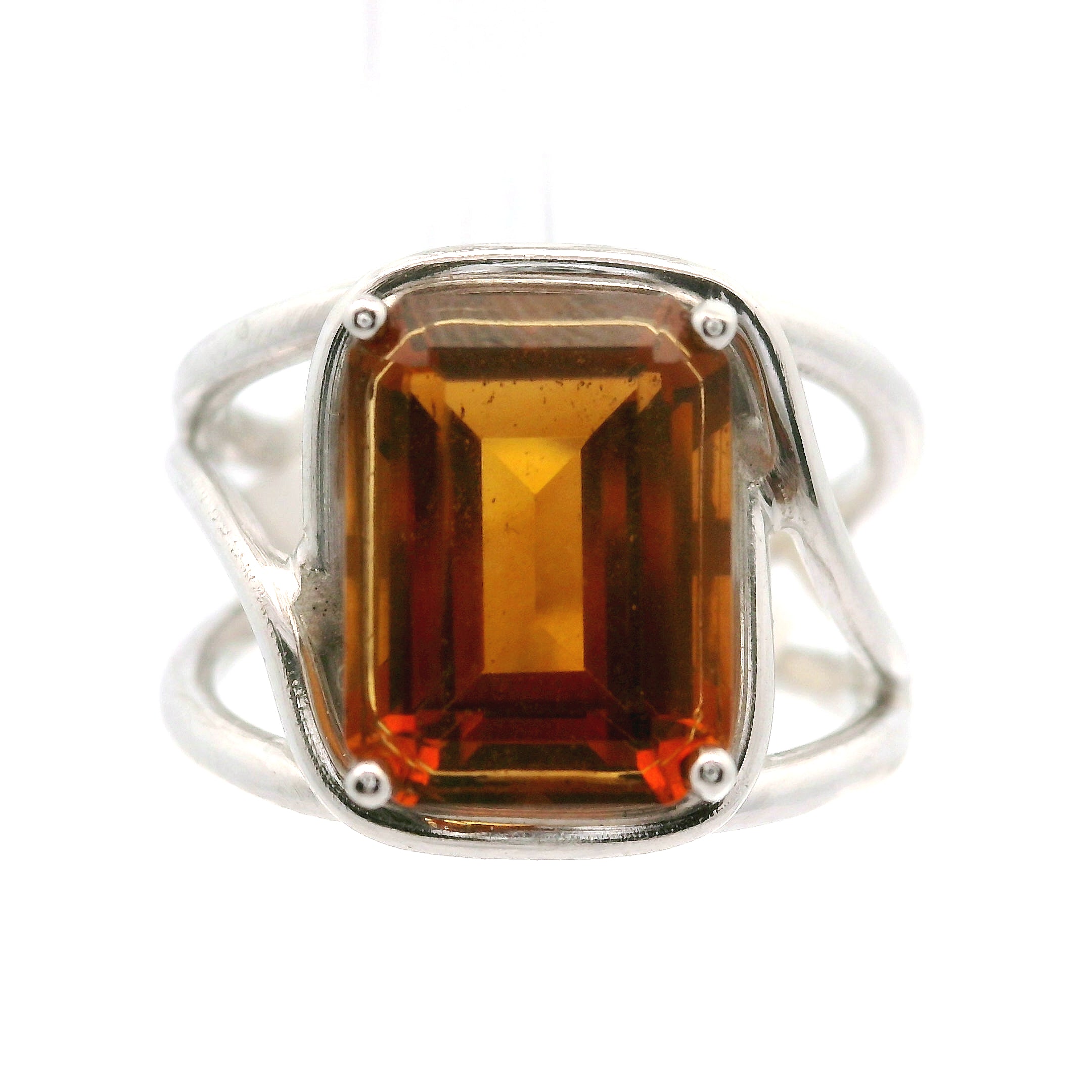Citrine Emerald Cut Cuff Ring .925 Silver for Abundance, Intuition, Luck and Protection