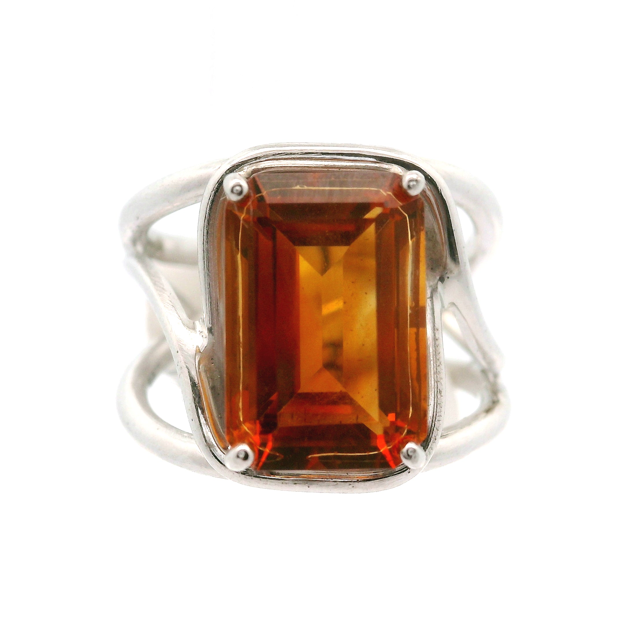 Citrine Emerald Cut Cuff Ring .925 Silver for Abundance, Intuition, Luck and Protection