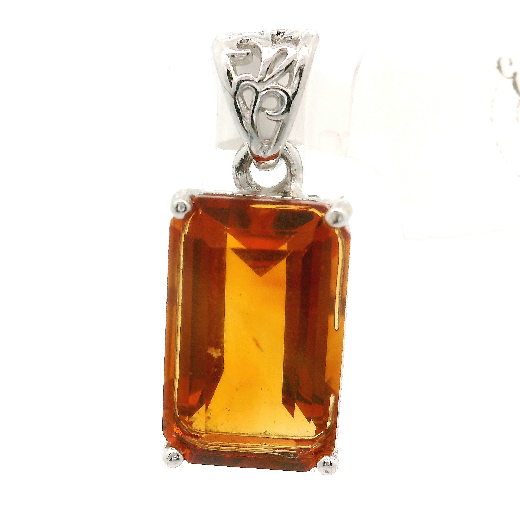 Citrine Emerald Cut Pendant .925 Silver for Abundance, Intuition, Luck and Protection