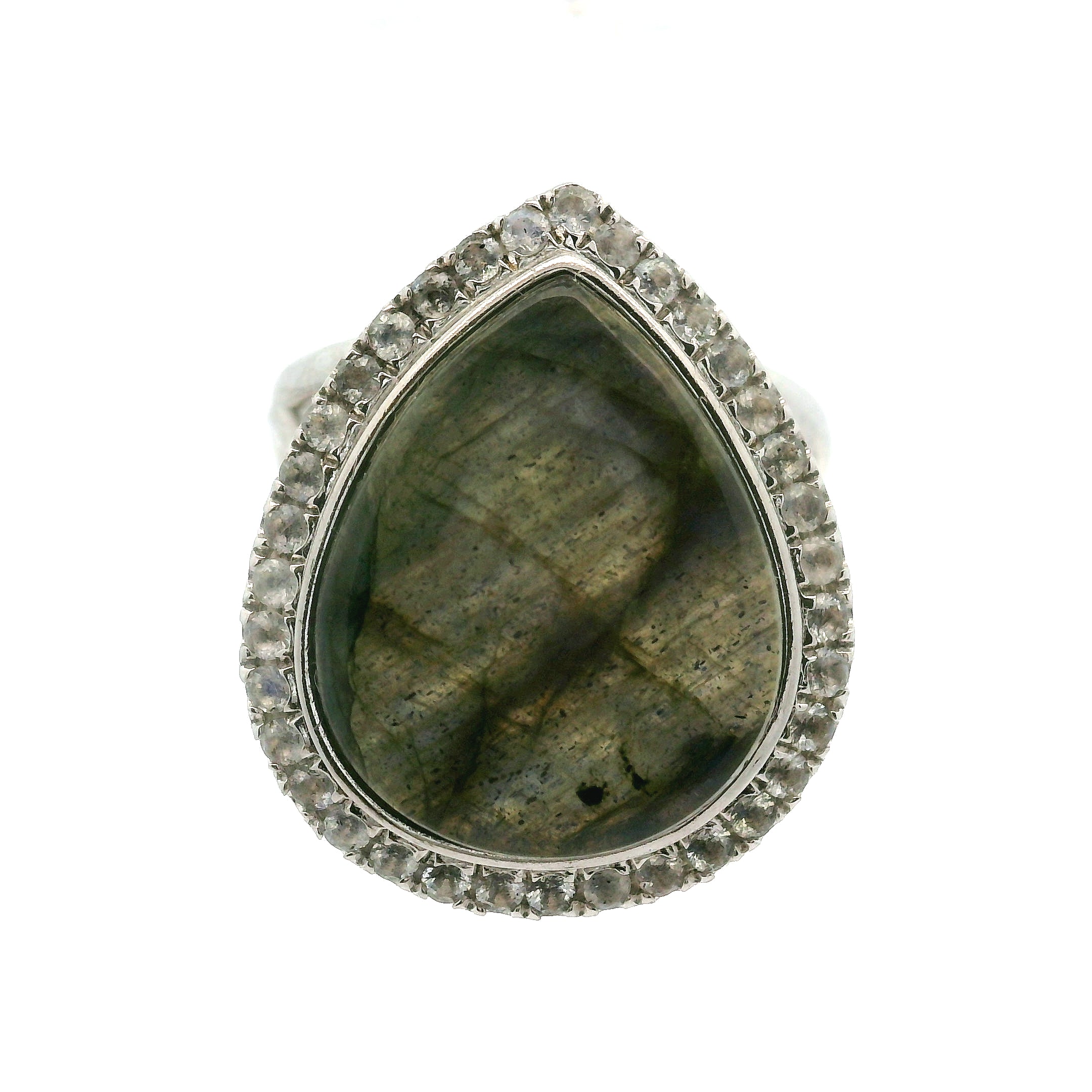 Labradorite with Zircon Pavé Cuff Ring .925 Silver for Protection, Intuition and Guidance