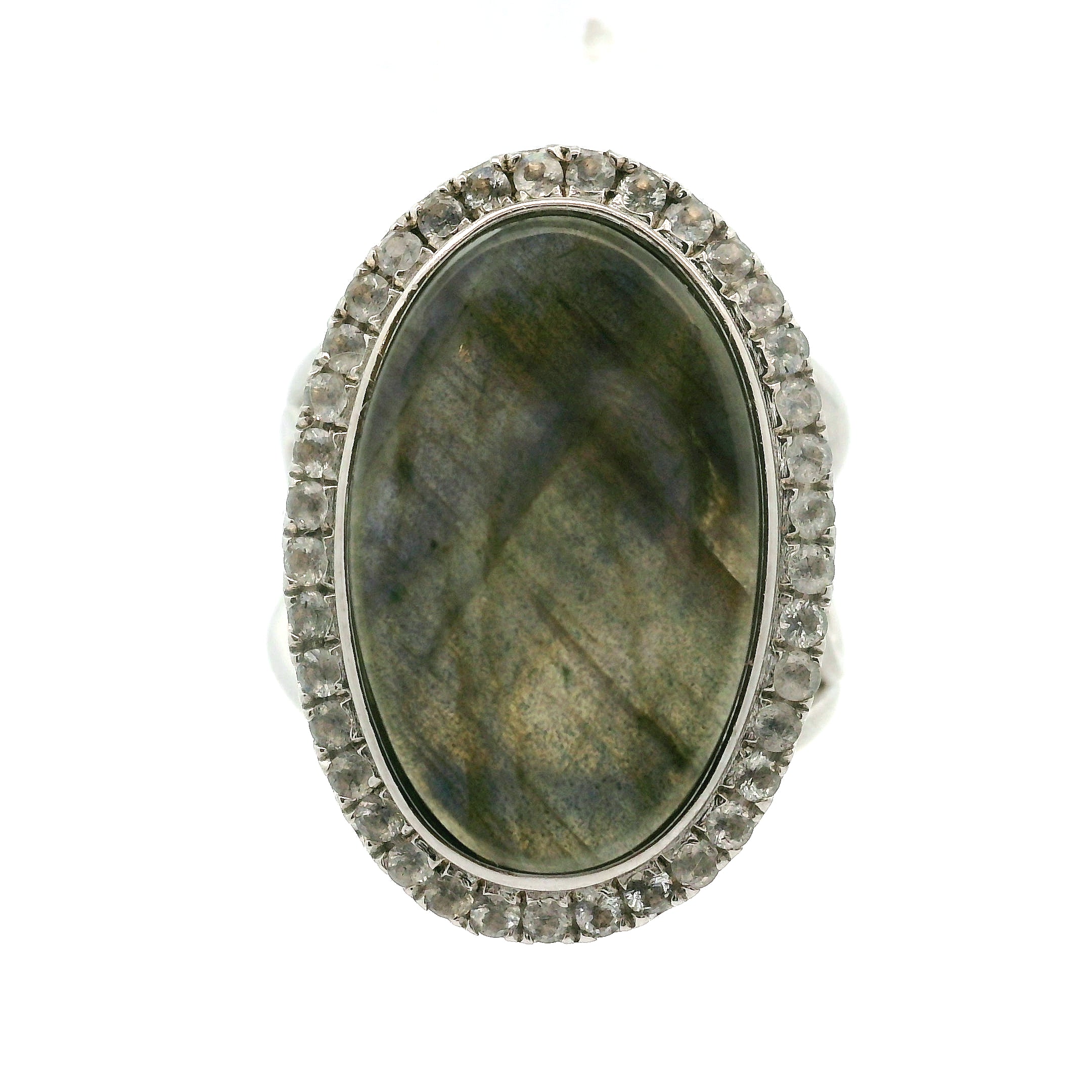 Labradorite with Zircon Pavé Cuff Ring .925 Silver for Protection, Intuition and Guidance