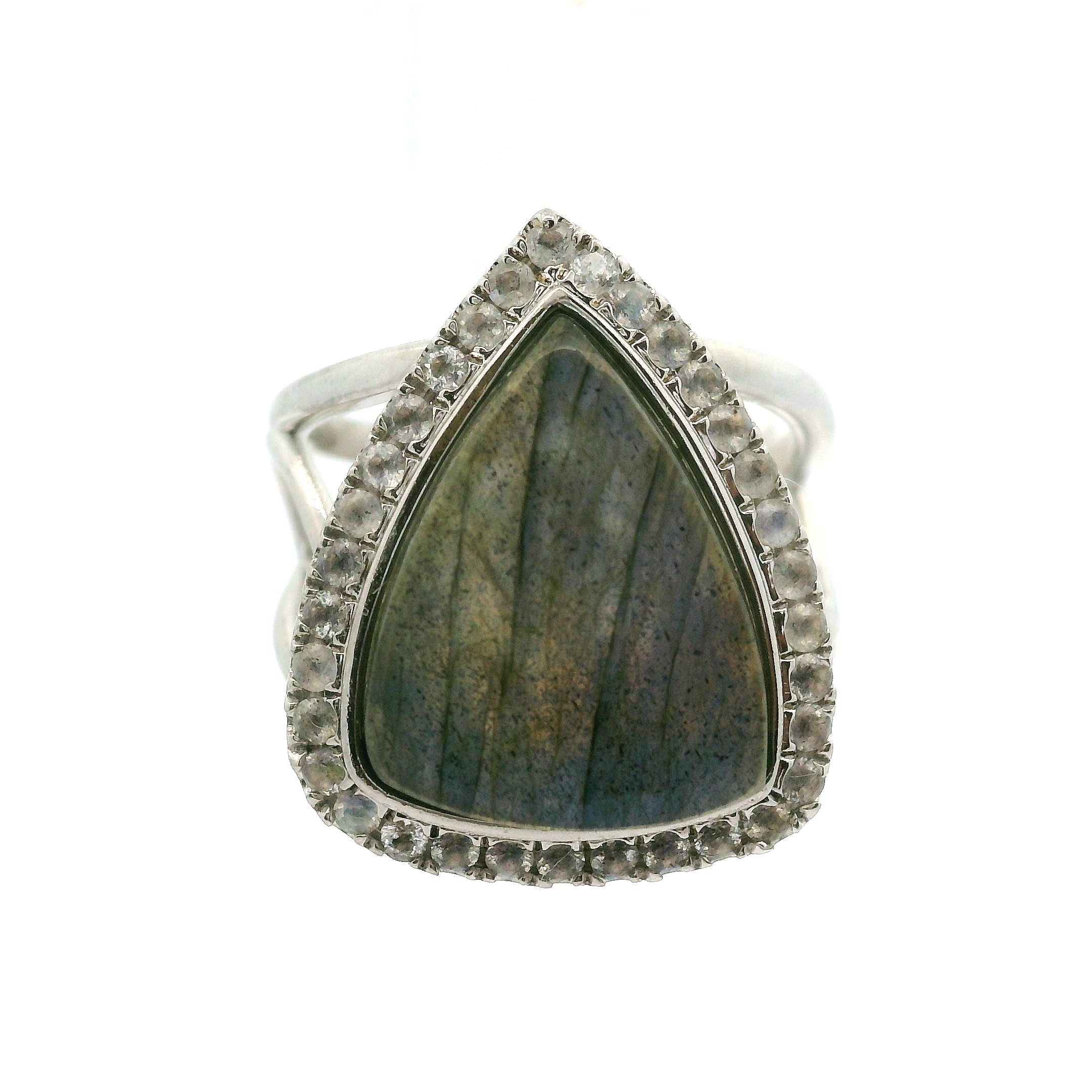 Labradorite with Zircon Pavé Cuff Ring .925 Silver for Protection, Intuition and Guidance