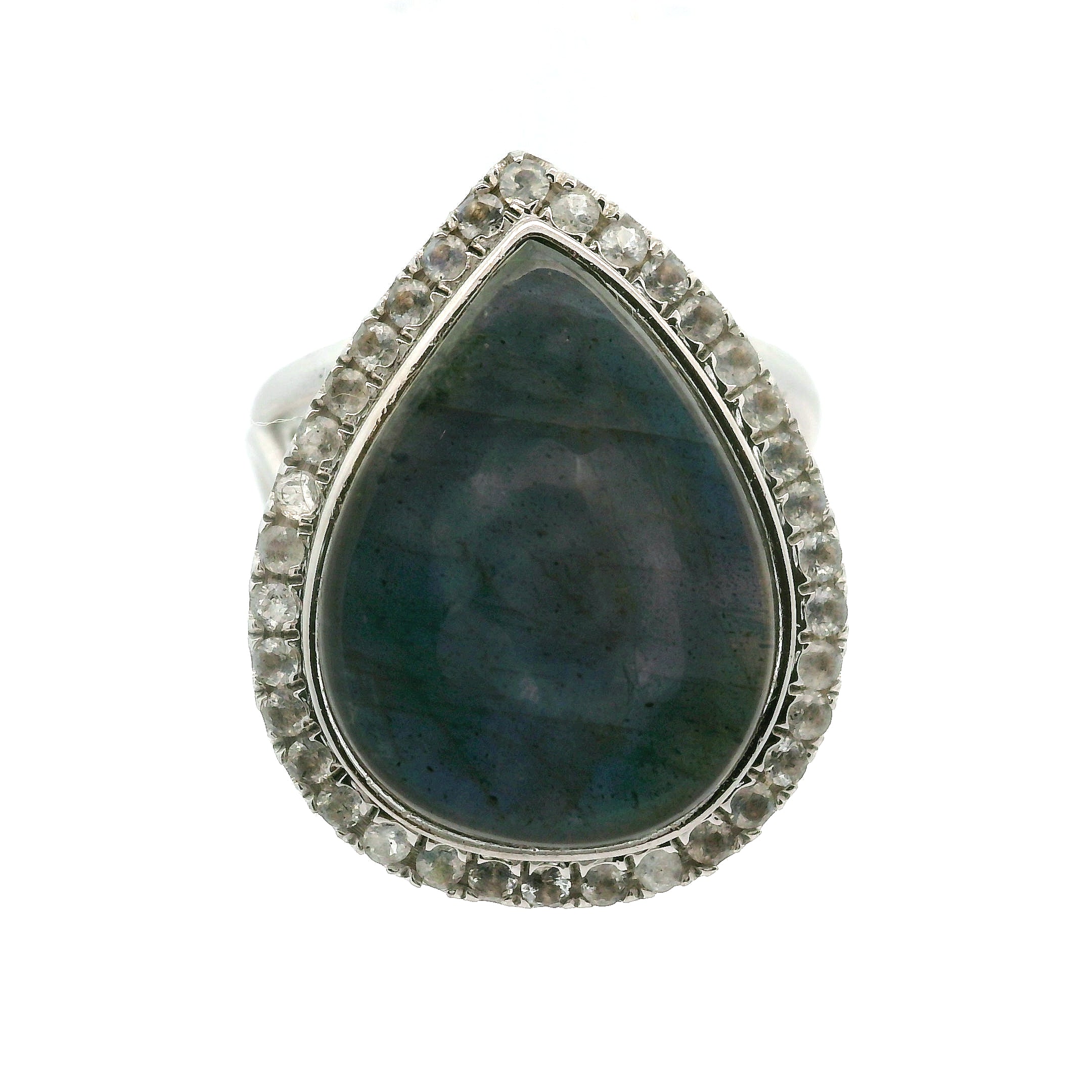 Labradorite with Zircon Pavé Cuff Ring .925 Silver for Protection, Intuition and Guidance