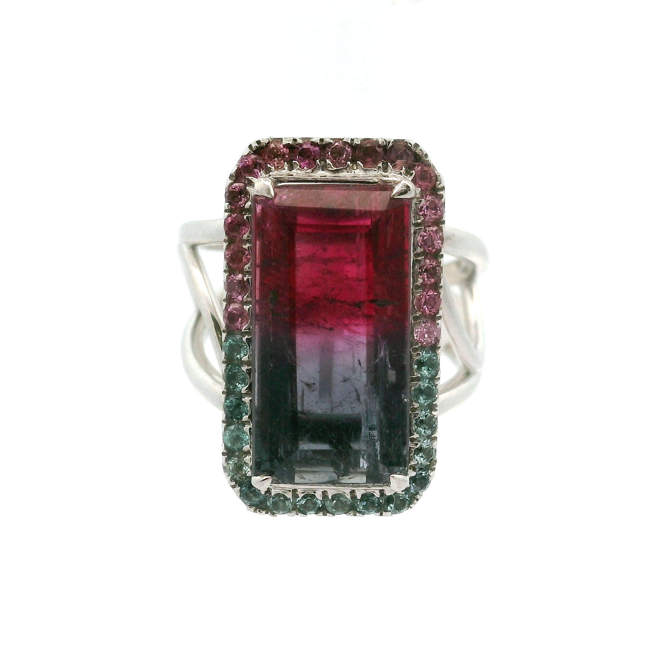 Bi-Color Pink & Blue Tourmaline Pavé Rings .925 Silver for Meditation, Relationships and Happiness