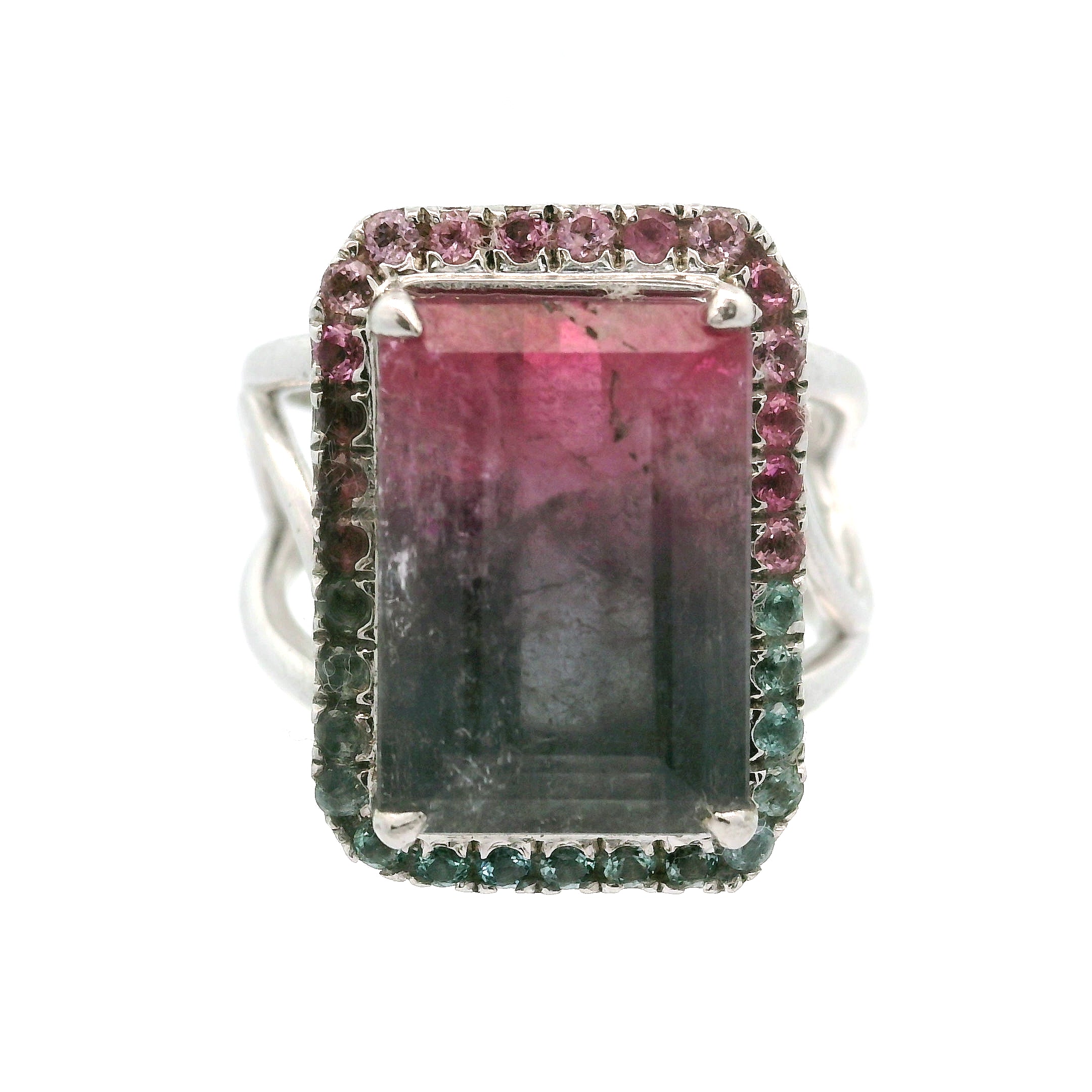 Bi-Color Pink & Blue Tourmaline Pavé Rings .925 Silver for Meditation, Relationships and Happiness