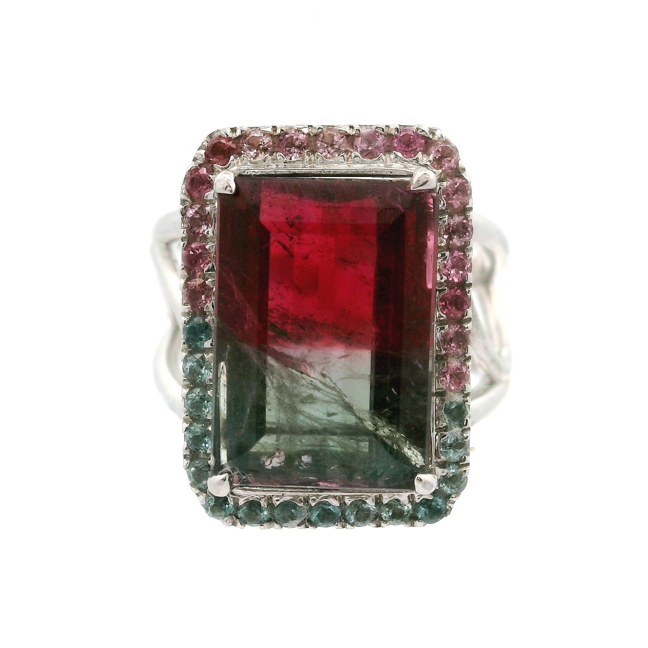 Bi-Color Pink & Blue Tourmaline Pavé Rings .925 Silver for Meditation, Relationships and Happiness