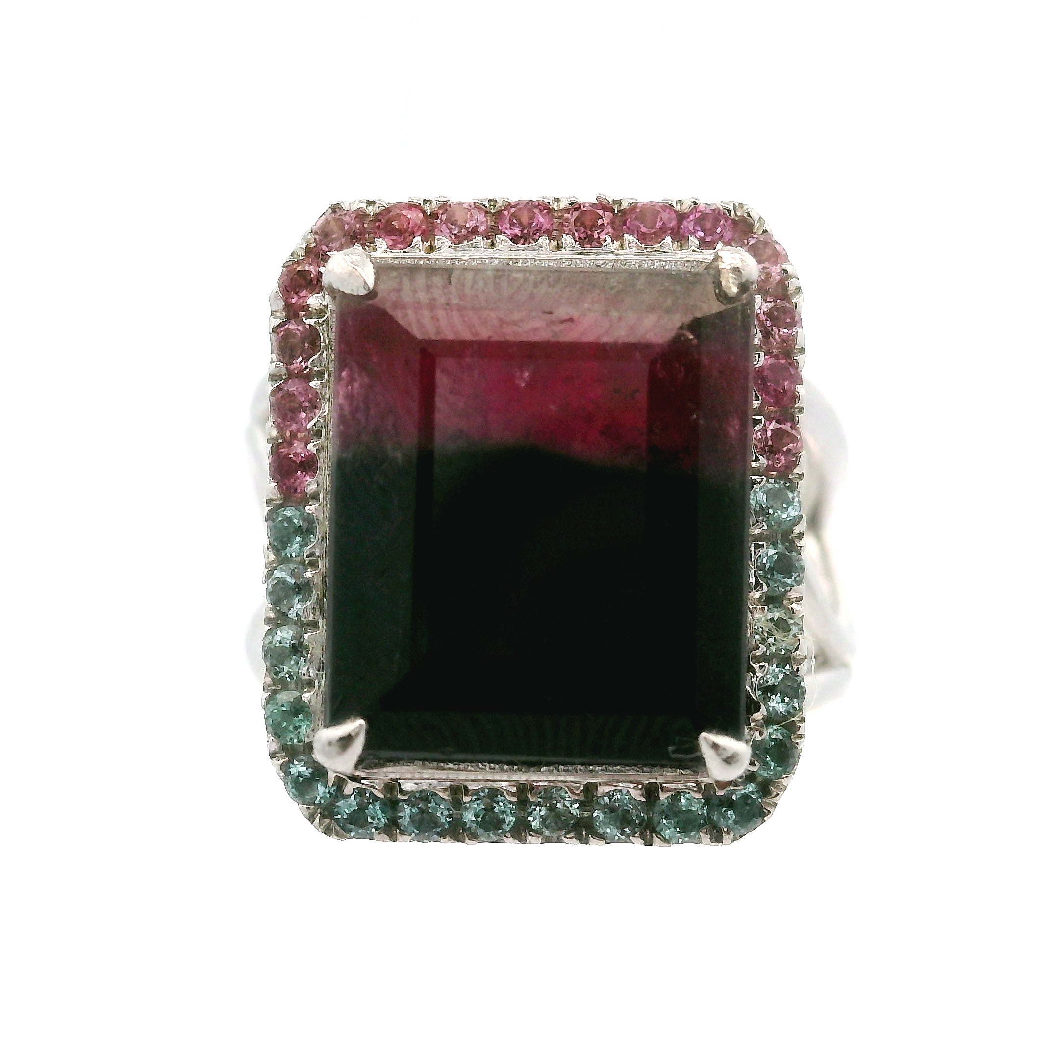 Bi-Color Pink & Blue Tourmaline Pavé Rings .925 Silver for Meditation, Relationships and Happiness