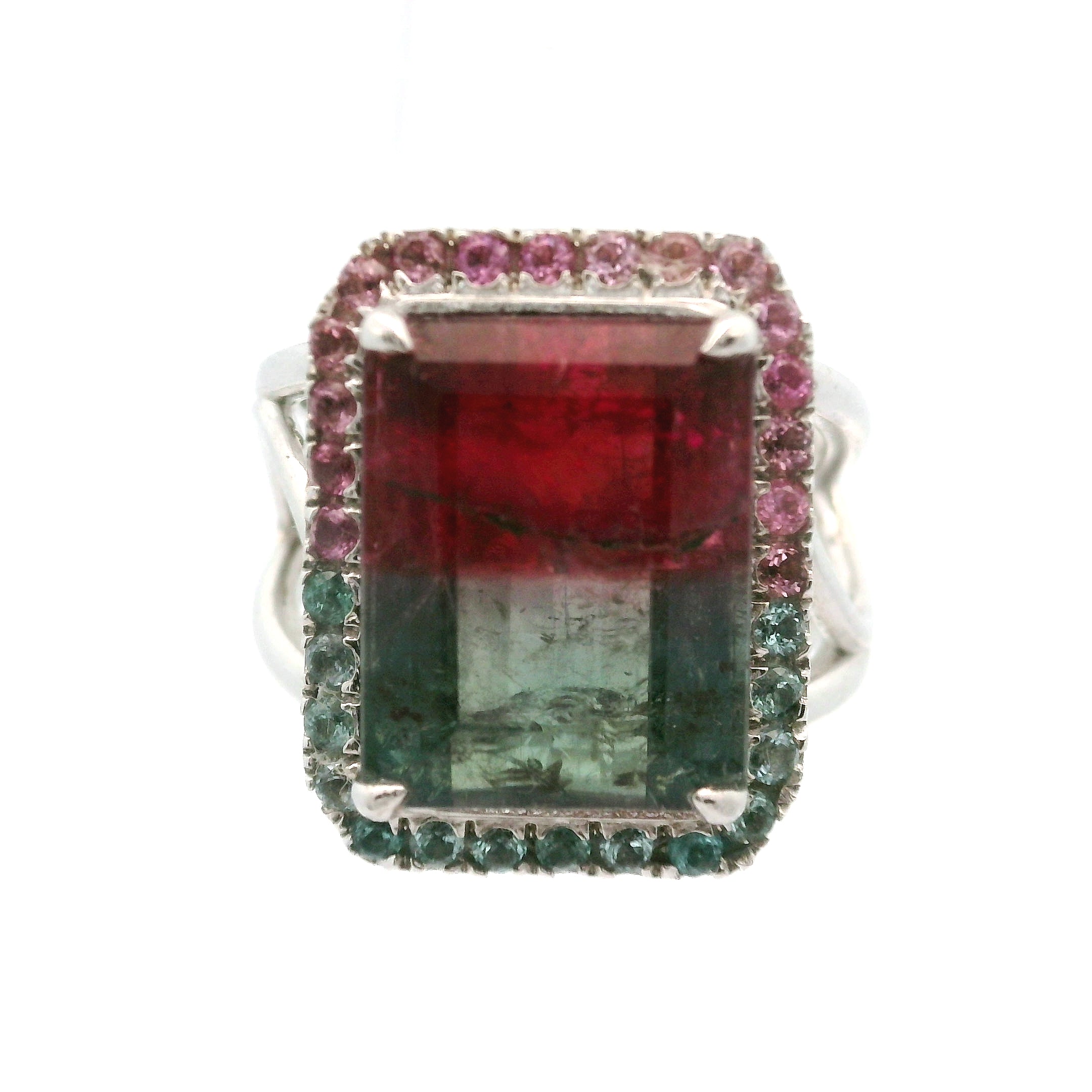 Bi-Color Pink & Blue Tourmaline Pavé Rings .925 Silver for Meditation, Relationships and Happiness