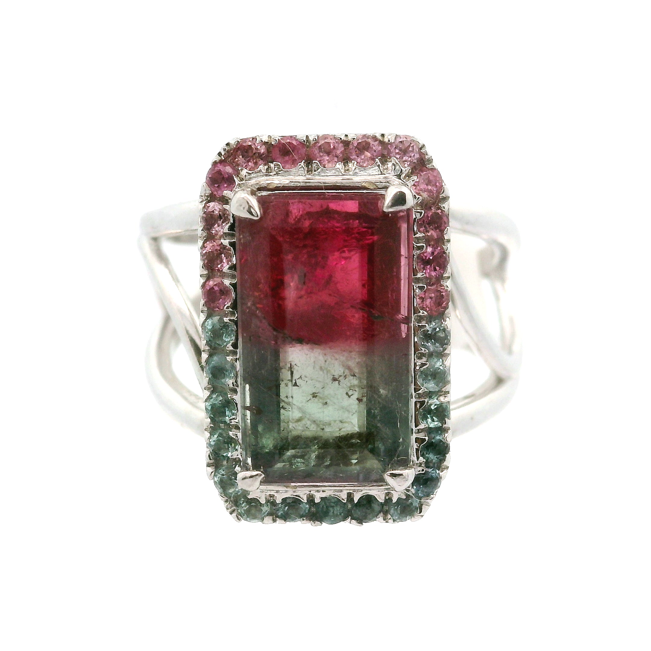 Bi-Color Pink & Blue Tourmaline Pavé Rings .925 Silver for Meditation, Relationships and Happiness