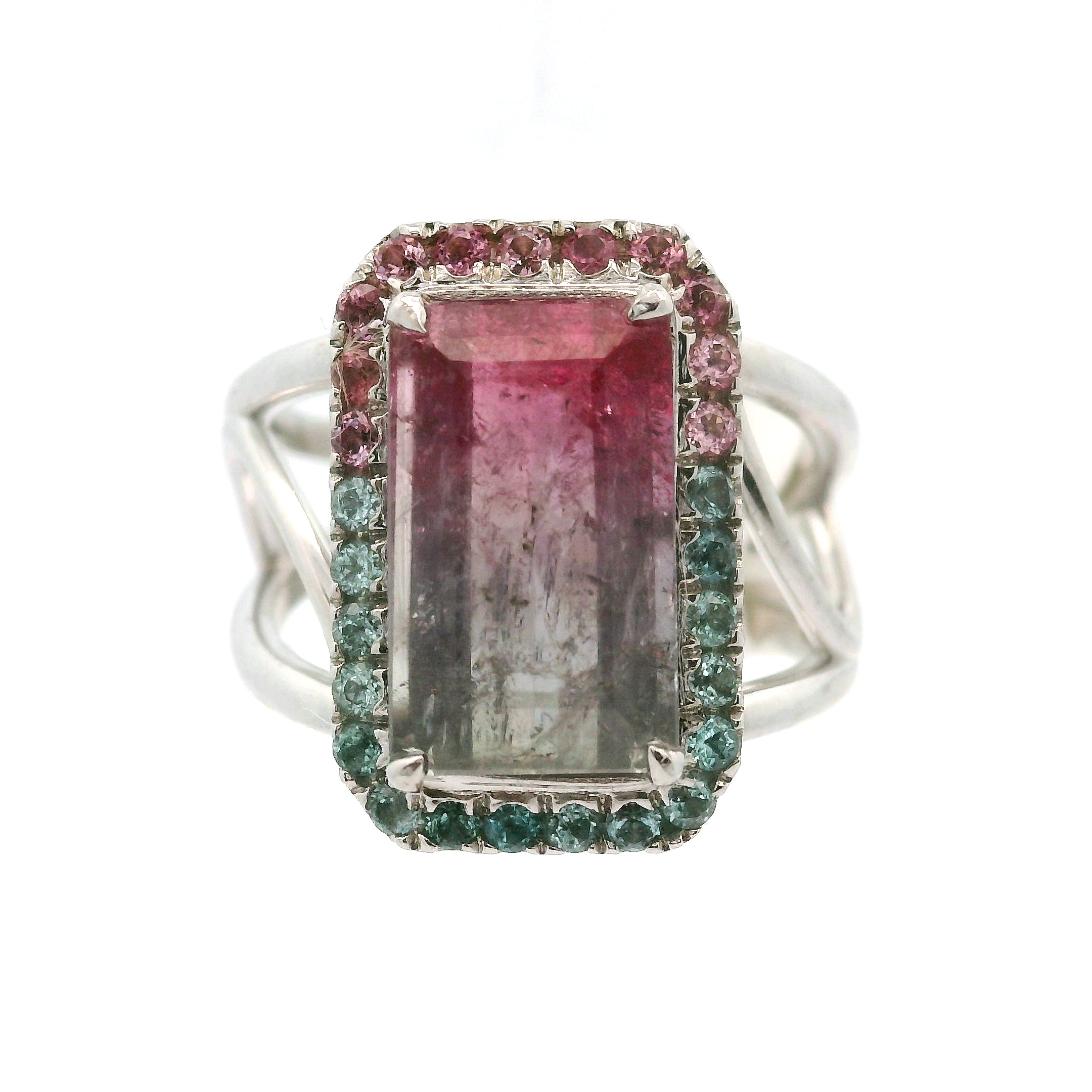 Bi-Color Pink & Blue Tourmaline Pavé Rings .925 Silver for Meditation, Relationships and Happiness